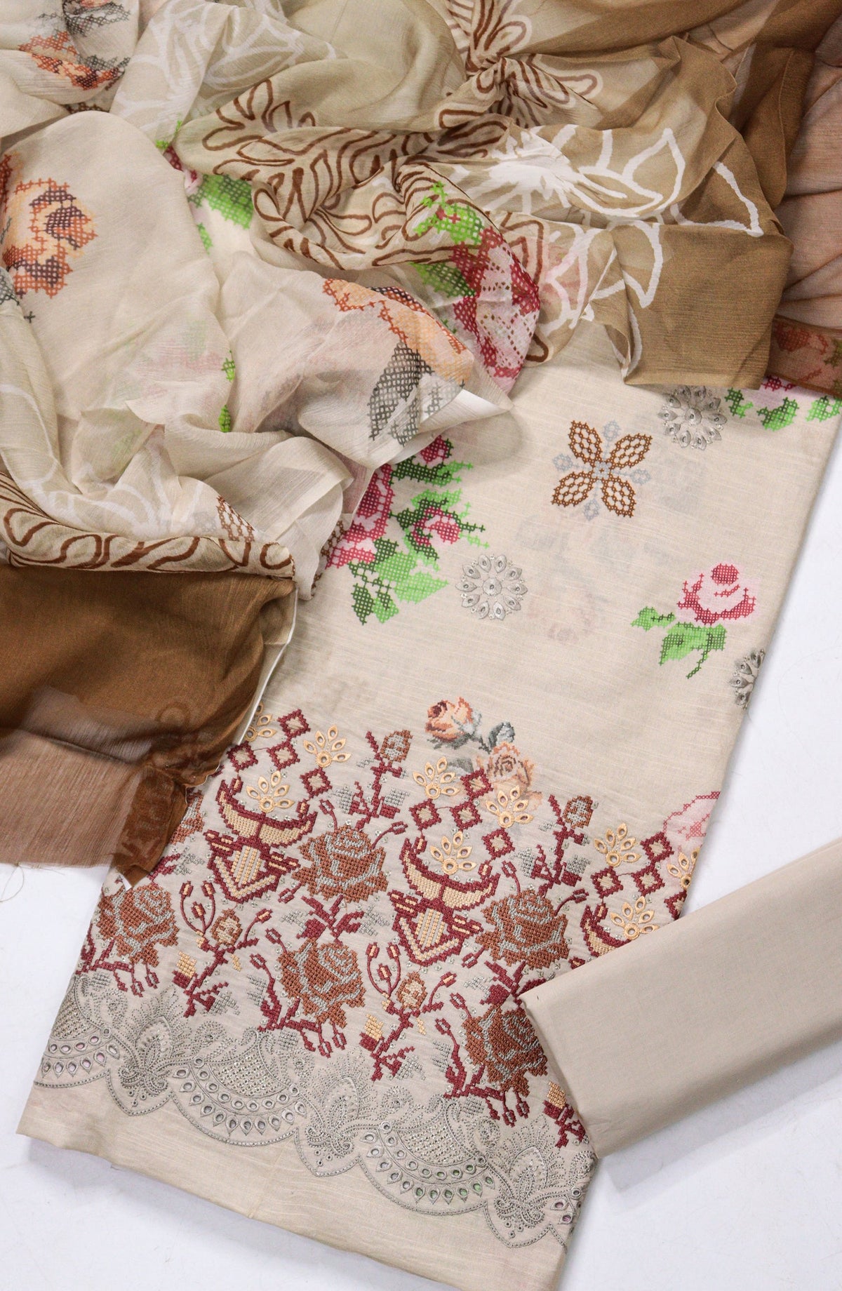 Amna Khadija Fancy Embroidered Lawn Unstitched 3 Piece Suit - D-10 - AM26FNC - Fawn - Summer Collection