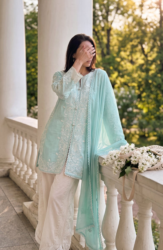 Amna Khadija Joy Ishqia Embroidered Lawn Stitched 3 Piece Suit - AKJ-02 - AM26JYQ - Light Ferozi - Summer Collection