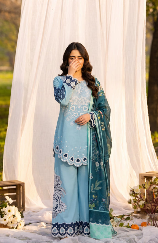 Amna Khadija Joy Ishqia Embroidered Lawn Stitched 3 Piece Suit - AKJ-04 - AM26JYQ - Sky Blue - Summer Collection