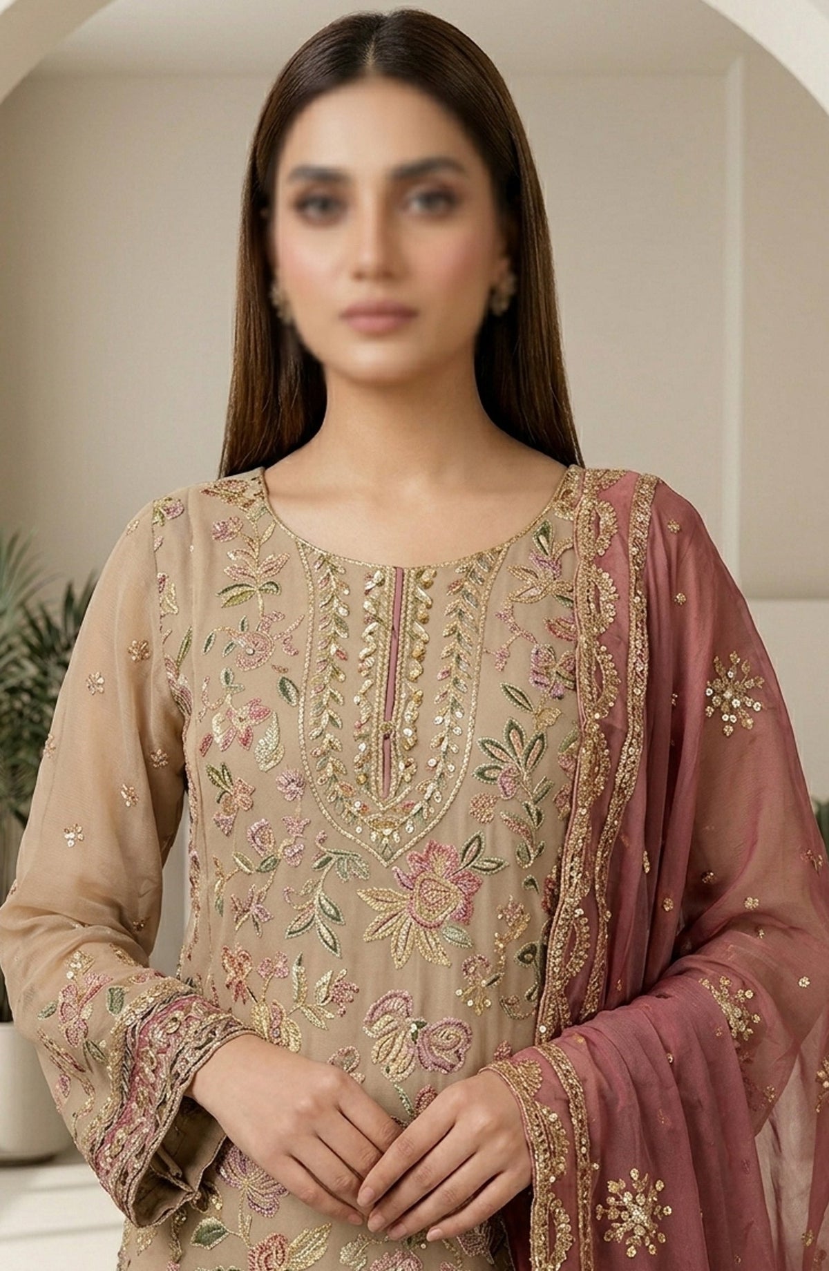 Amna Khadija Neroli Embroidered Chiffon Stitched 3 Piece Suit - AKNC-03 - AM26NARL - Beige - Festive Collection