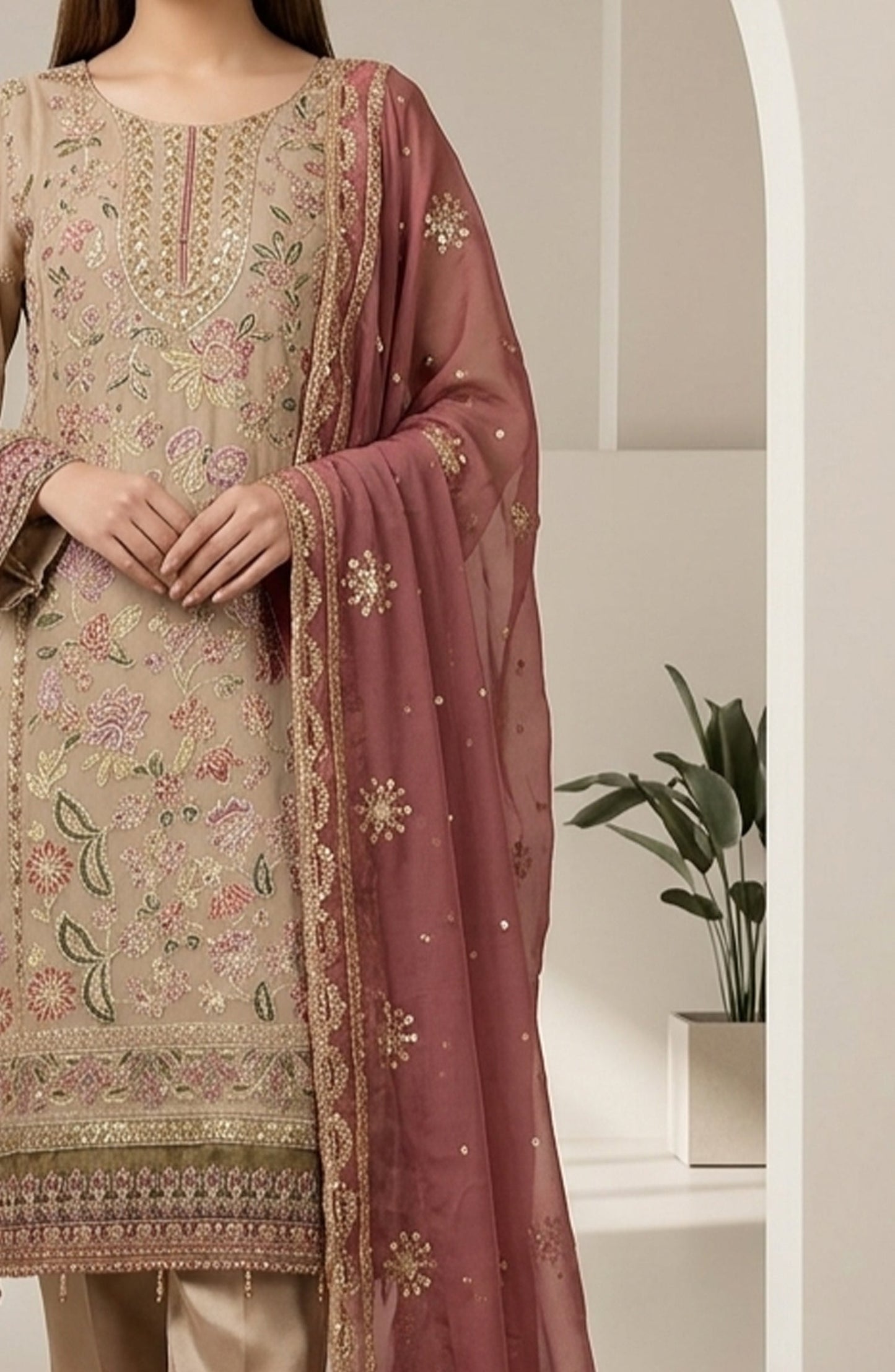 Amna Khadija Neroli Embroidered Chiffon Stitched 3 Piece Suit - AKNC-03 - AM26NARL - Beige - Festive Collection