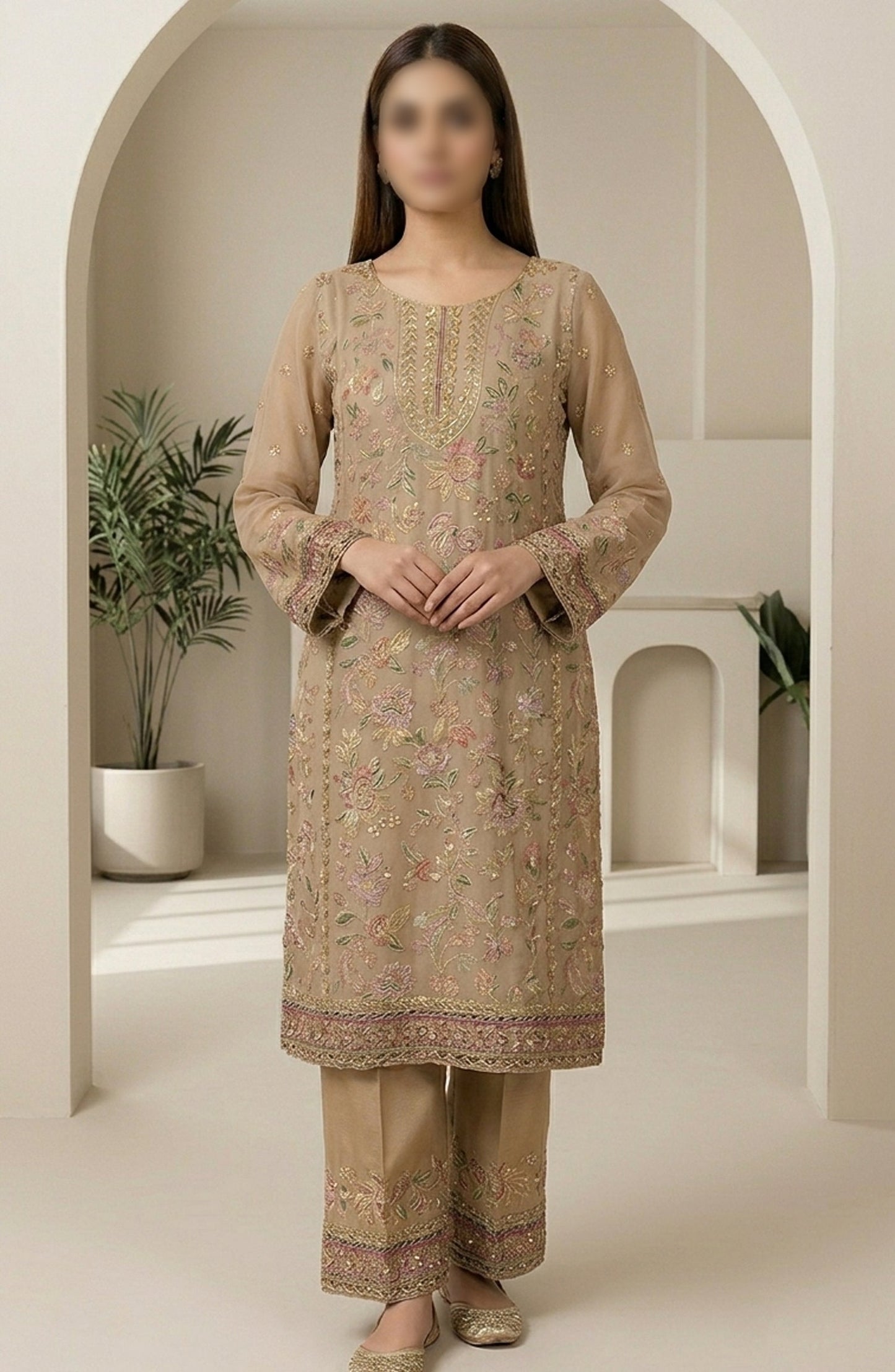 Amna Khadija Neroli Embroidered Chiffon Stitched 3 Piece Suit - AKNC-03 - AM26NARL - Beige - Festive Collection