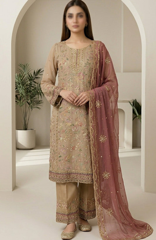 Amna Khadija Neroli Embroidered Chiffon Stitched 3 Piece Suit - AKNC-03 - AM26NARL - Beige - Festive Collection