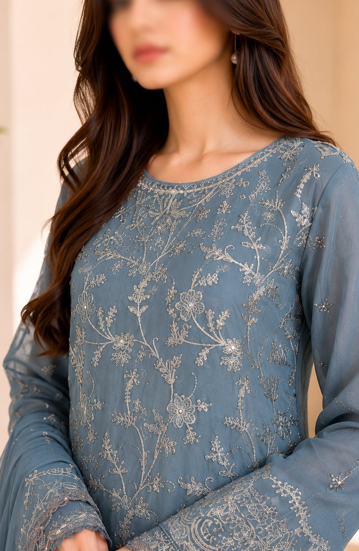Amna Khadija Neroli Embroidered Chiffon Stitched 3 Piece Suit - AKNC-04 - AM26NARL - Blue - Festive Collection