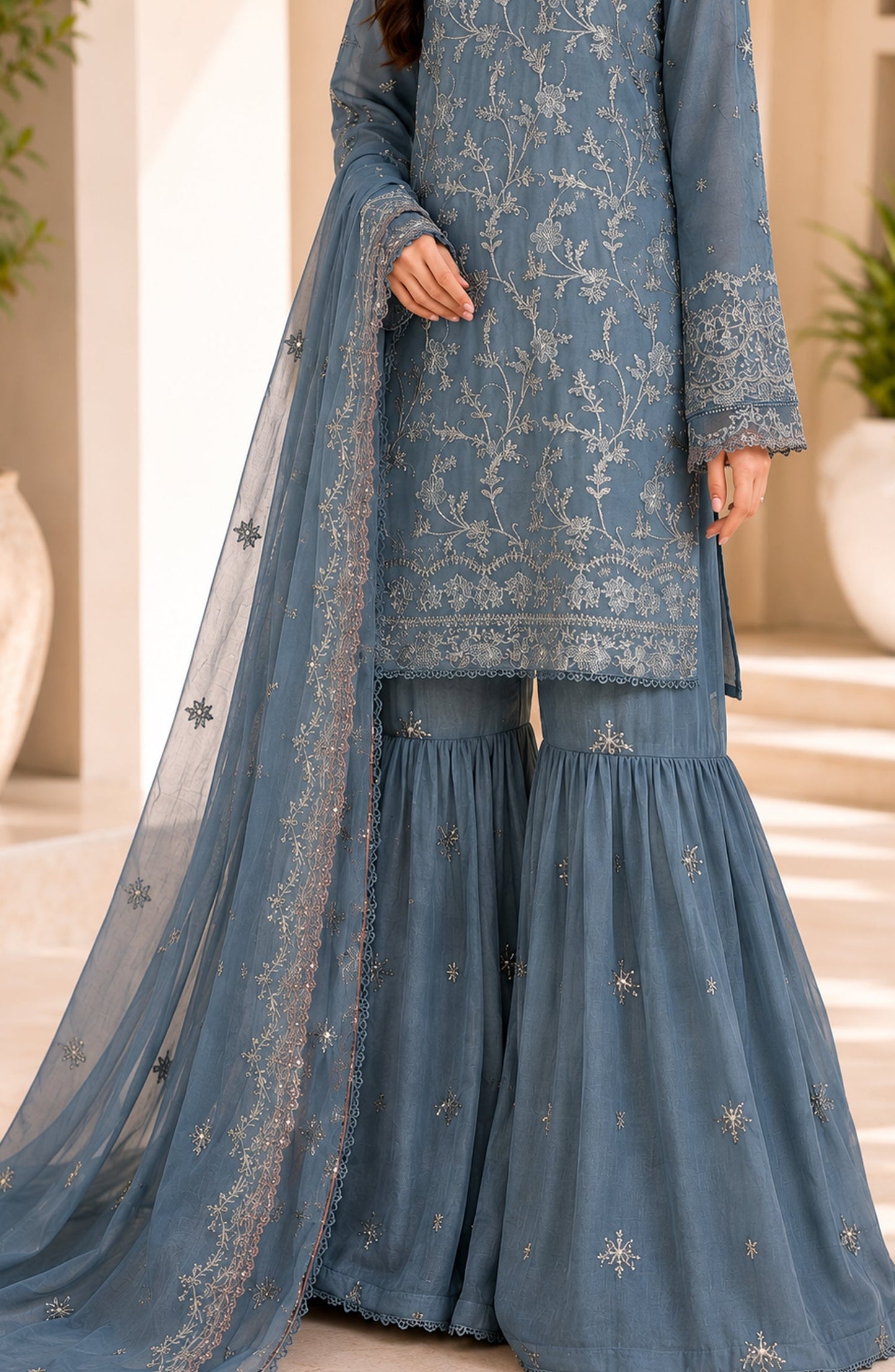 Amna Khadija Neroli Embroidered Chiffon Stitched 3 Piece Suit - AKNC-04 - AM26NARL - Blue - Festive Collection
