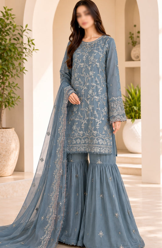 Amna Khadija Neroli Embroidered Chiffon Stitched 3 Piece Suit - AKNC-04 - AM26NARL - Blue - Festive Collection