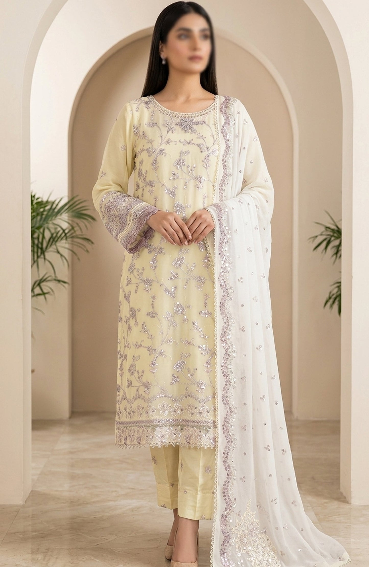 Amna Khadija Neroli Embroidered Chiffon Stitched 3 Piece Suit - AKNC-05 - AM26NARL - Lemon - Festive Collection