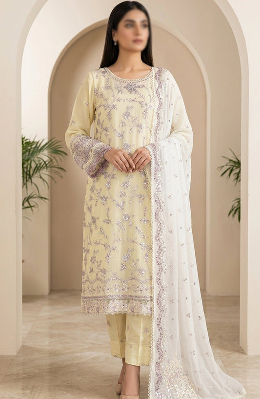 Amna Khadija Neroli Embroidered Chiffon Stitched 3 Piece Suit - AKNC-05 - AM26NARL - Lemon - Festive Collection