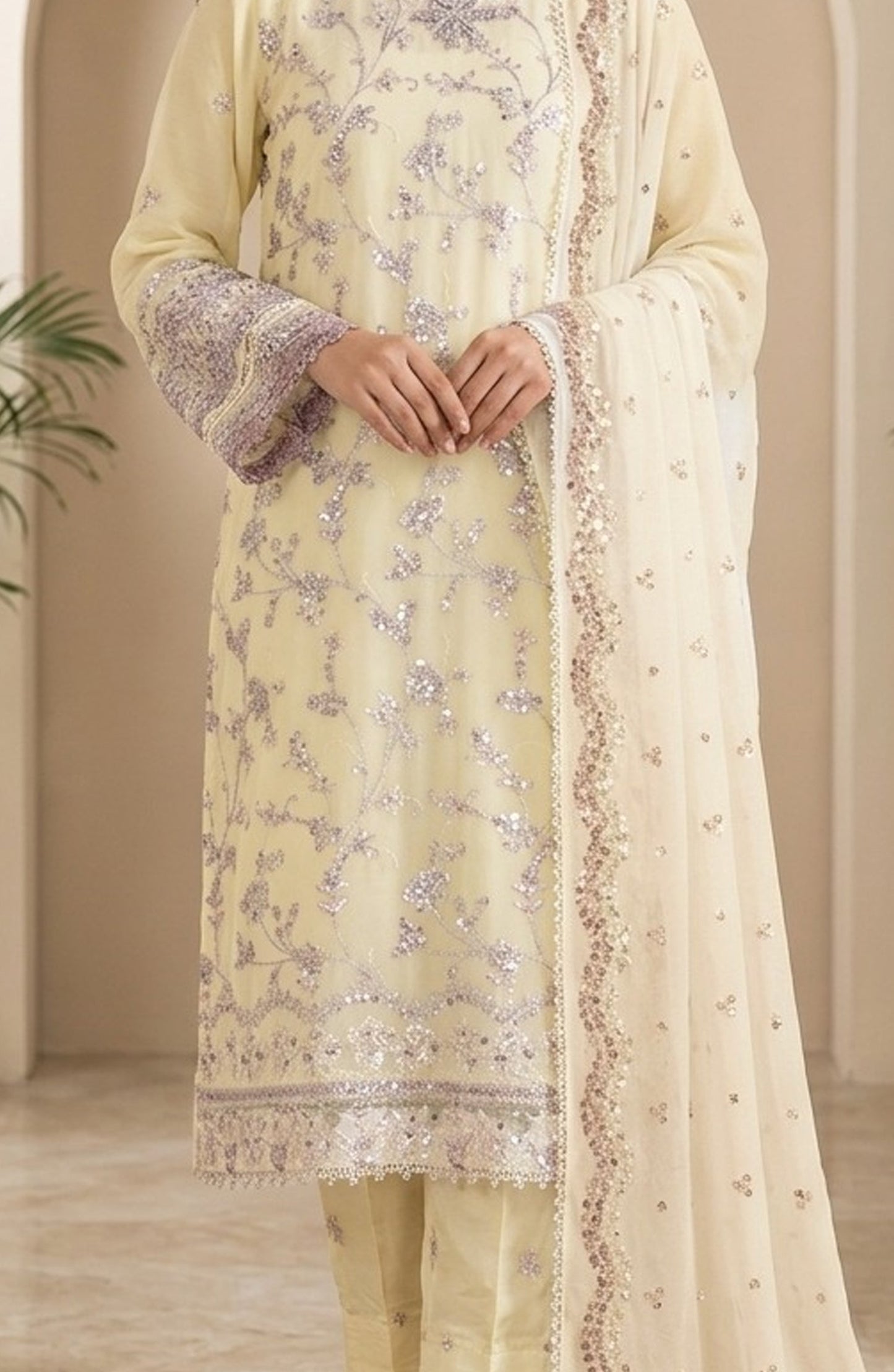 Amna Khadija Neroli Embroidered Chiffon Stitched 3 Piece Suit - AKNC-05 - AM26NARL - Lemon - Festive Collection