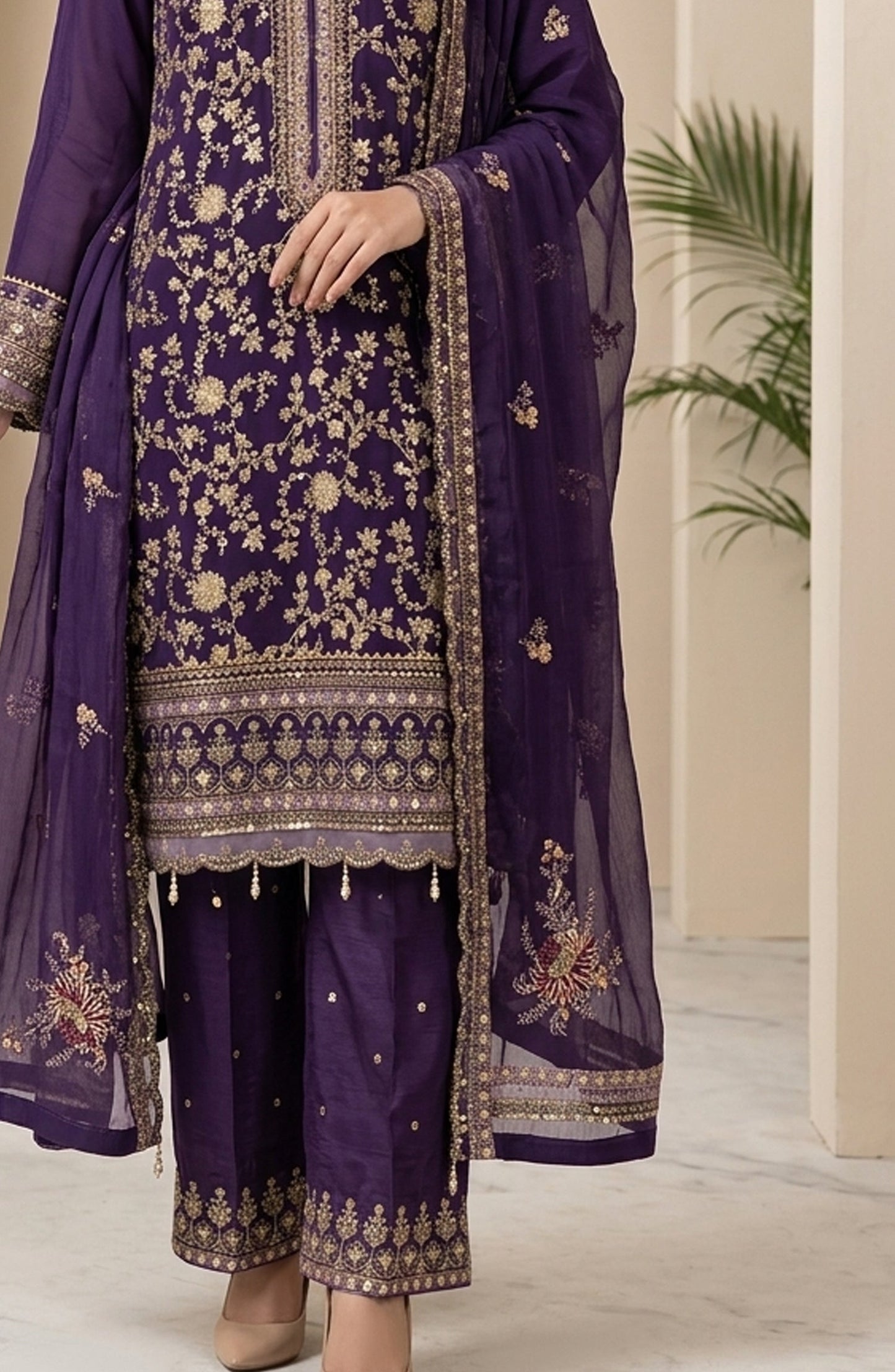 Amna Khadija Neroli Embroidered Chiffon Stitched 3 Piece Suit - AKNC-06 - AM26NARL - Purple - Festive Collection