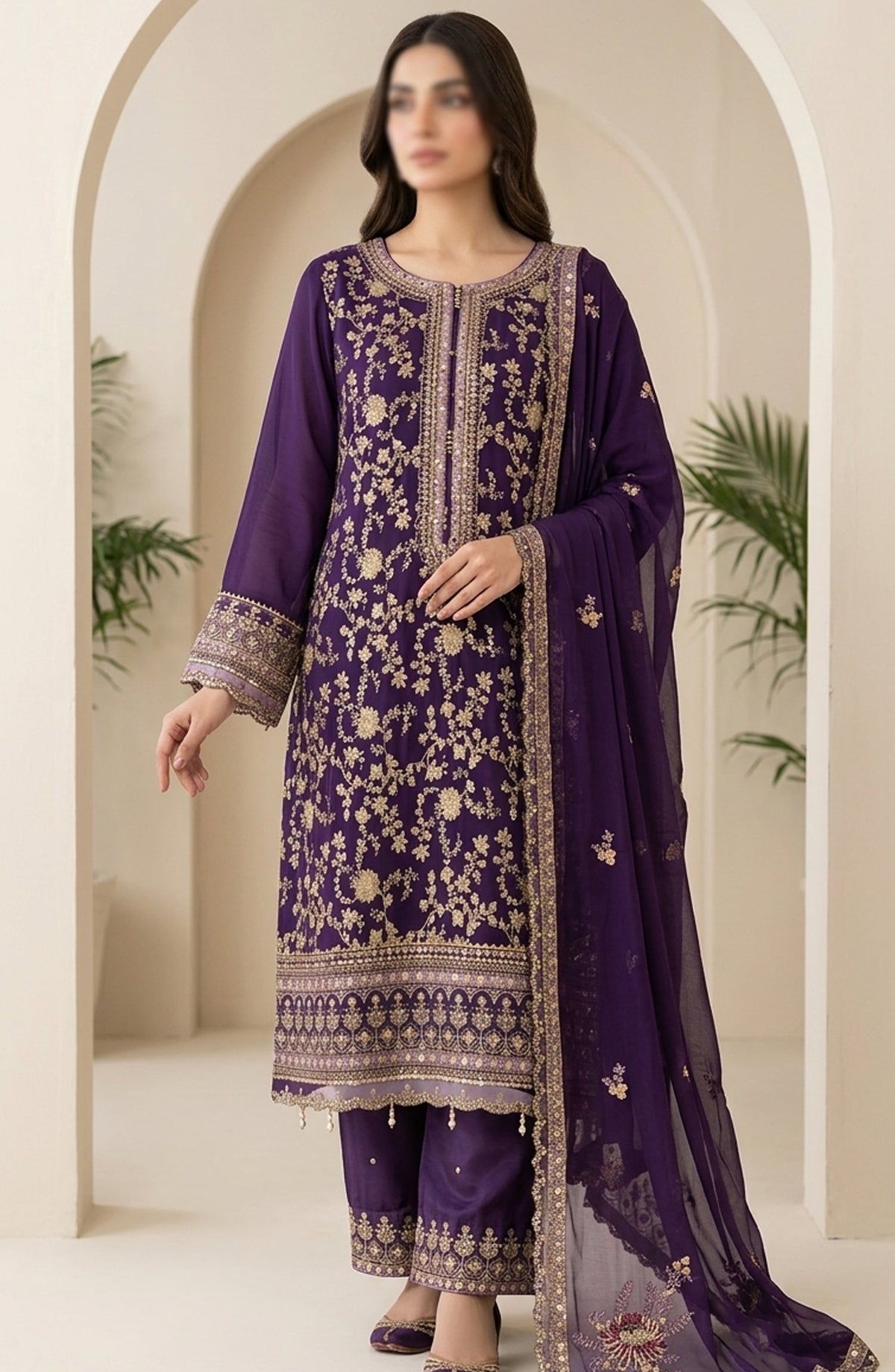 Amna Khadija Neroli Embroidered Chiffon Stitched 3 Piece Suit - AKNC-06 - AM26NARL - Purple - Festive Collection