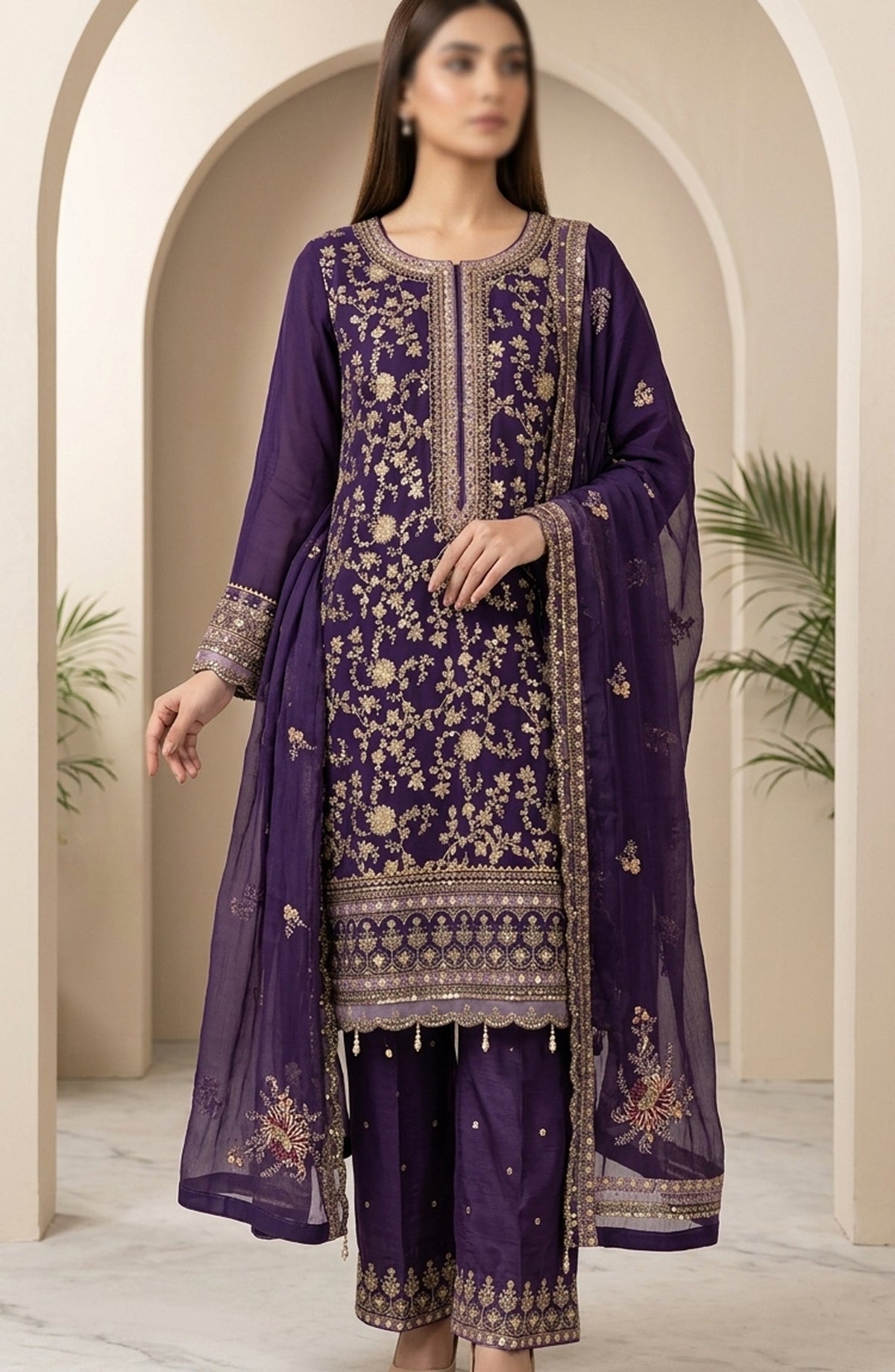 Amna Khadija Neroli Embroidered Chiffon Stitched 3 Piece Suit - AKNC-06 - AM26NARL - Purple - Festive Collection