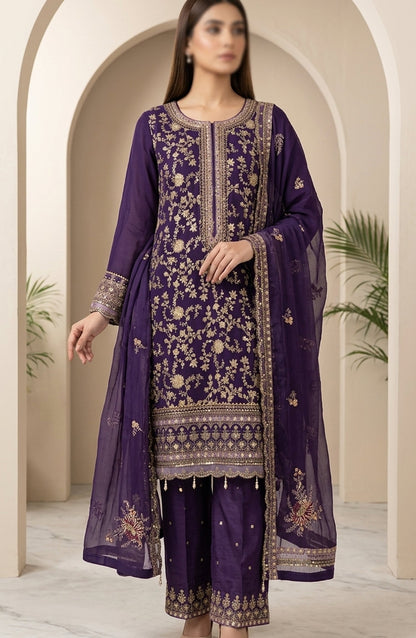 Amna Khadija Neroli Embroidered Chiffon Stitched 3 Piece Suit - AKNC-06 - AM26NARL - Purple - Festive Collection