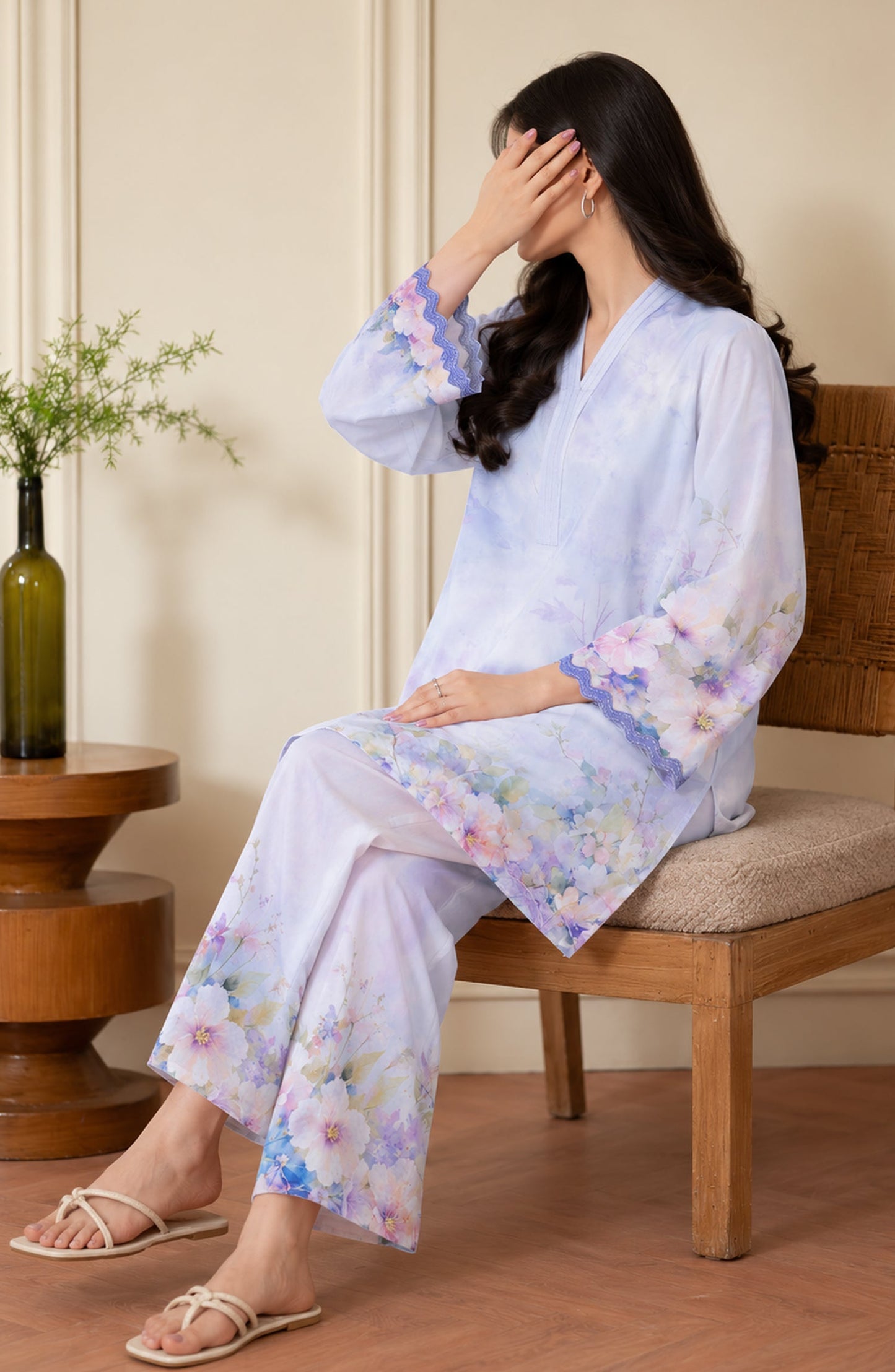Amna Khadija Rozana Printed Polly Silk Stitched 2 Piece Co-ord Set - AKR-04 - AM26ROZN - Ice Blue - Summer Collection