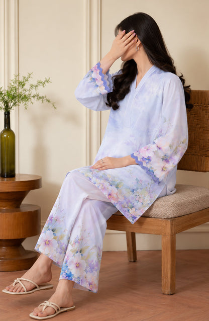 Amna Khadija Rozana Printed Polly Silk Stitched 2 Piece Co-ord Set - AKR-04 - AM26ROZN - Ice Blue - Summer Collection