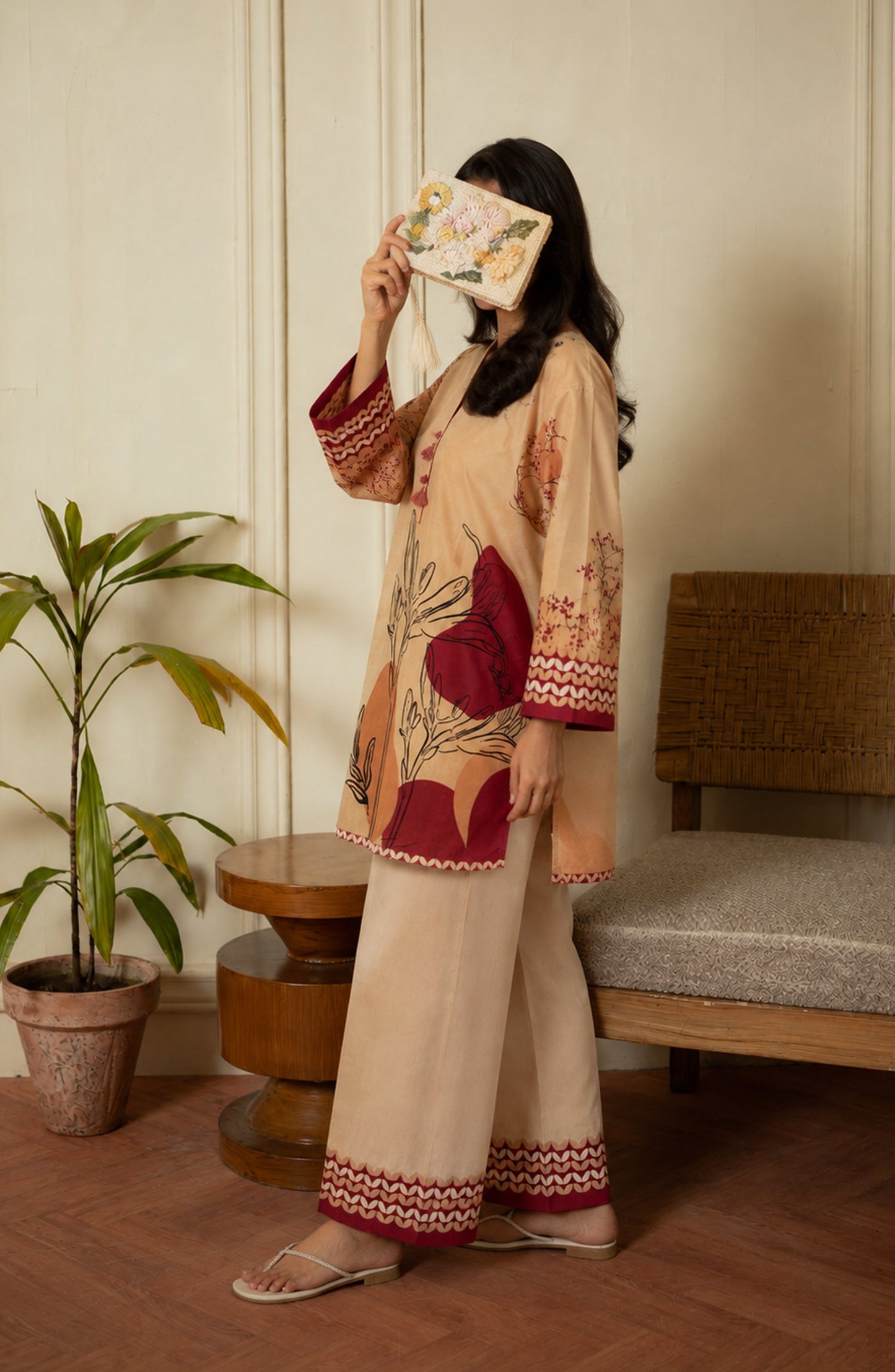 Amna Khadija Rozana Printed Polly Silk Stitched 2 Piece Co-ord Set - AKR-08 - AM26ROZN - Fawn - Summer Collection