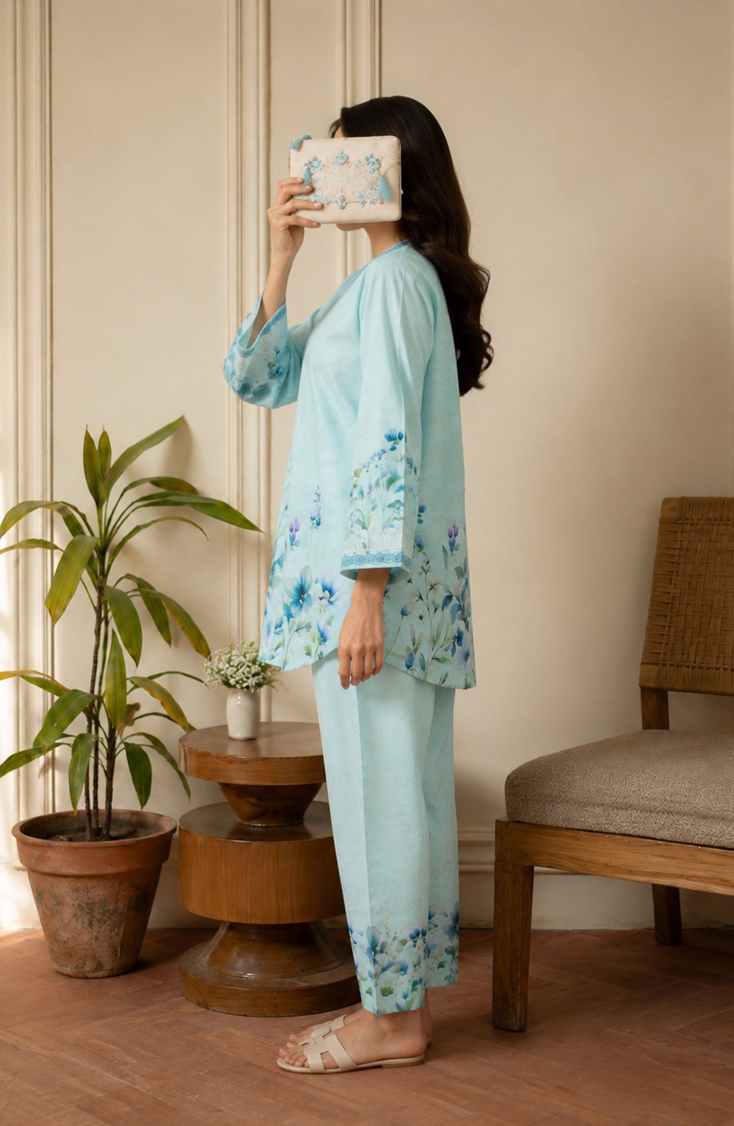 Amna Khadija Rozana Printed Polly Silk Stitched 2 Piece Co-ord Set - AKR-09 - AM26ROZN - Light Ferozi - Summer Collection