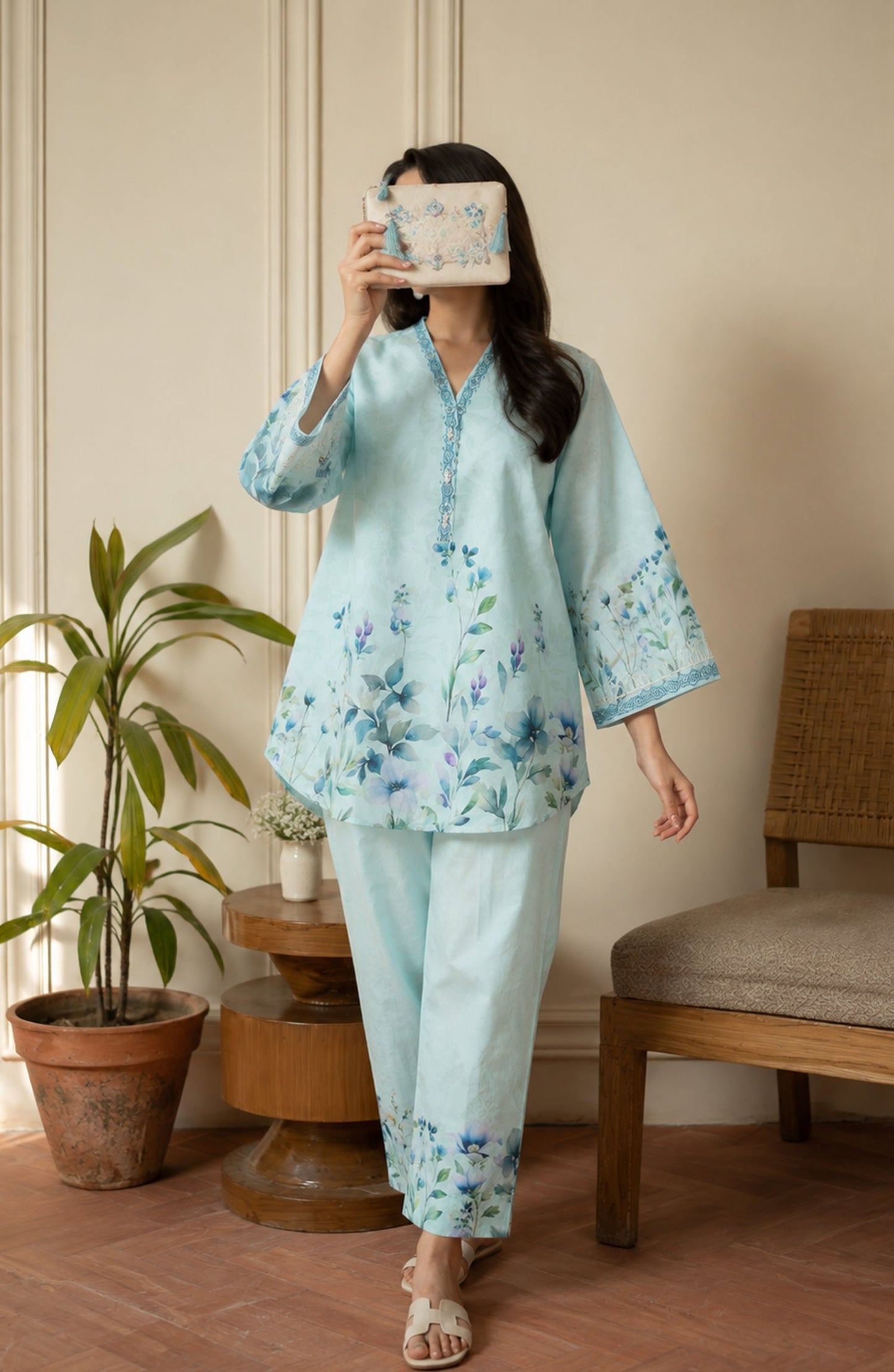 Amna Khadija Rozana Printed Polly Silk Stitched 2 Piece Co-ord Set - AKR-09 - AM26ROZN - Light Ferozi - Summer Collection