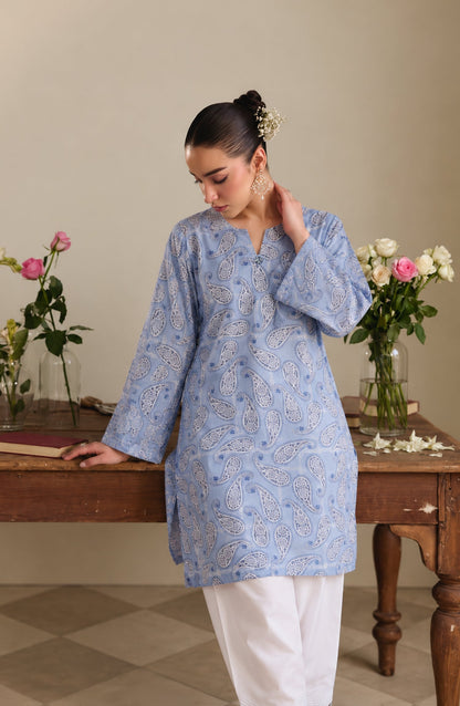 Amna Khadija Sureeli Embroidered Cotton Lawn Stitched 2 Piece Co-ord Set - AKSC-04 - AM26RLI - Steel Blue - Summer Collection