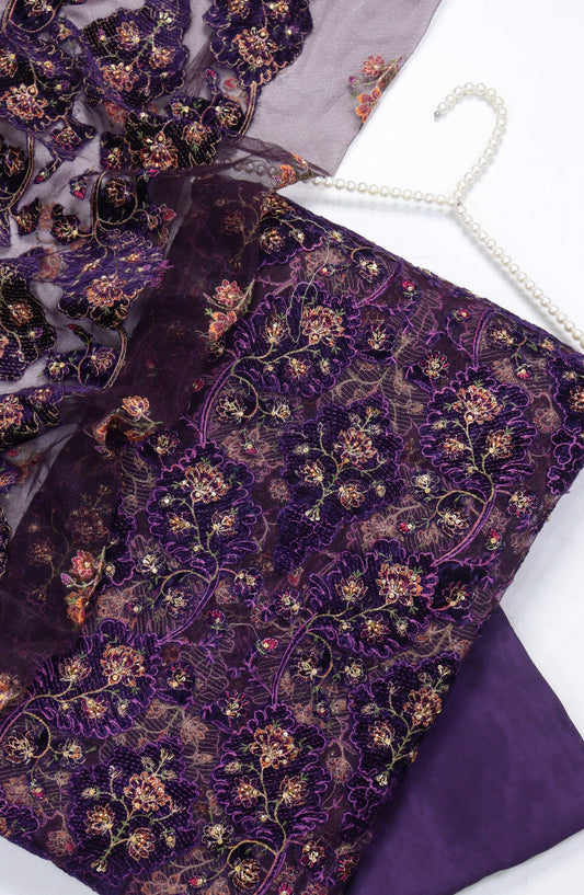 Amna Khadija Embroidered Net Velvet Unstitched 3 Piece Suit - Design-03 - AM25NTV - Purple - Winter Collection