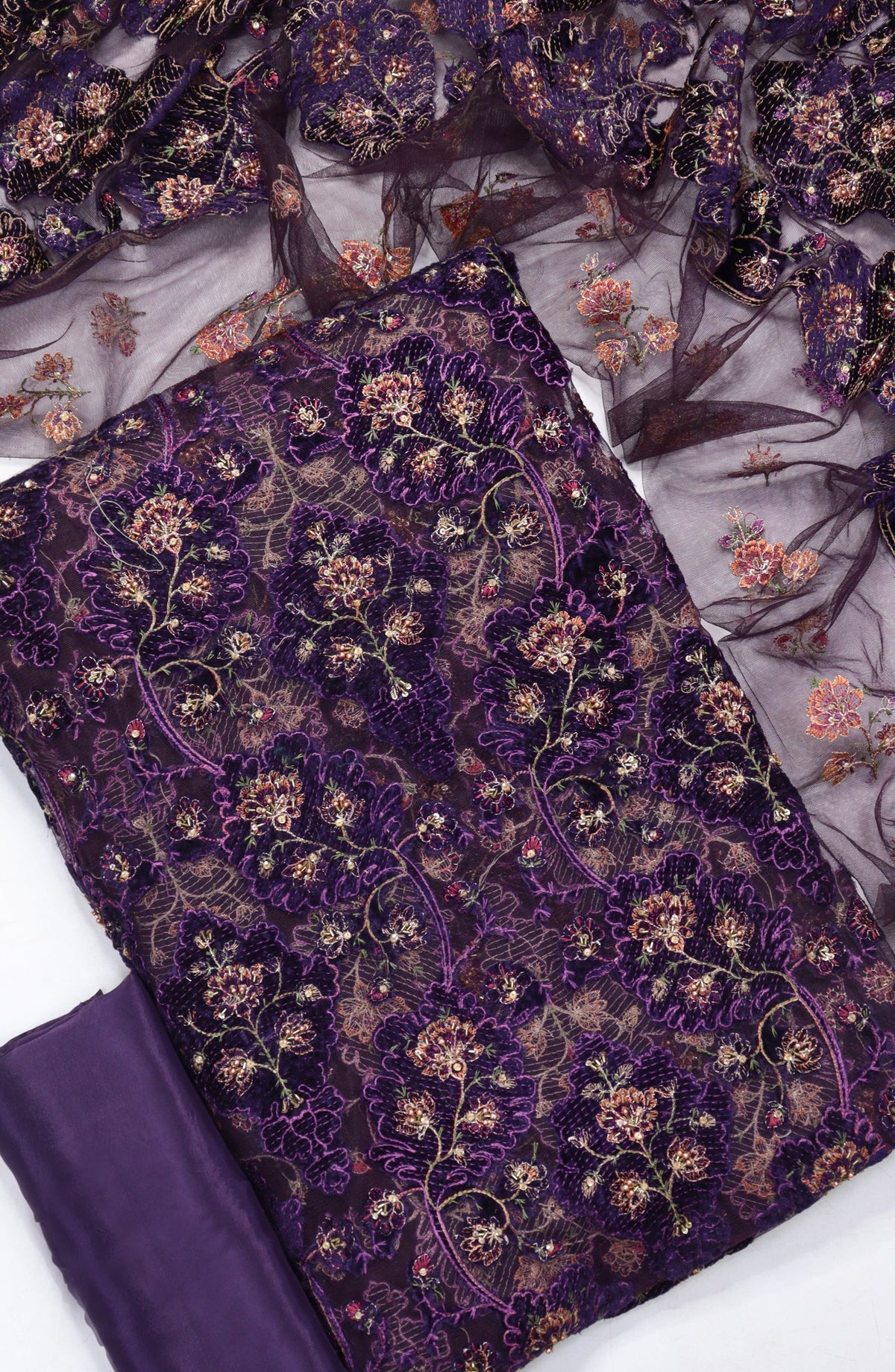 Amna Khadija Embroidered Net Velvet Unstitched 3 Piece Suit - Design-03 - AM25NTV - Purple - Winter Collection