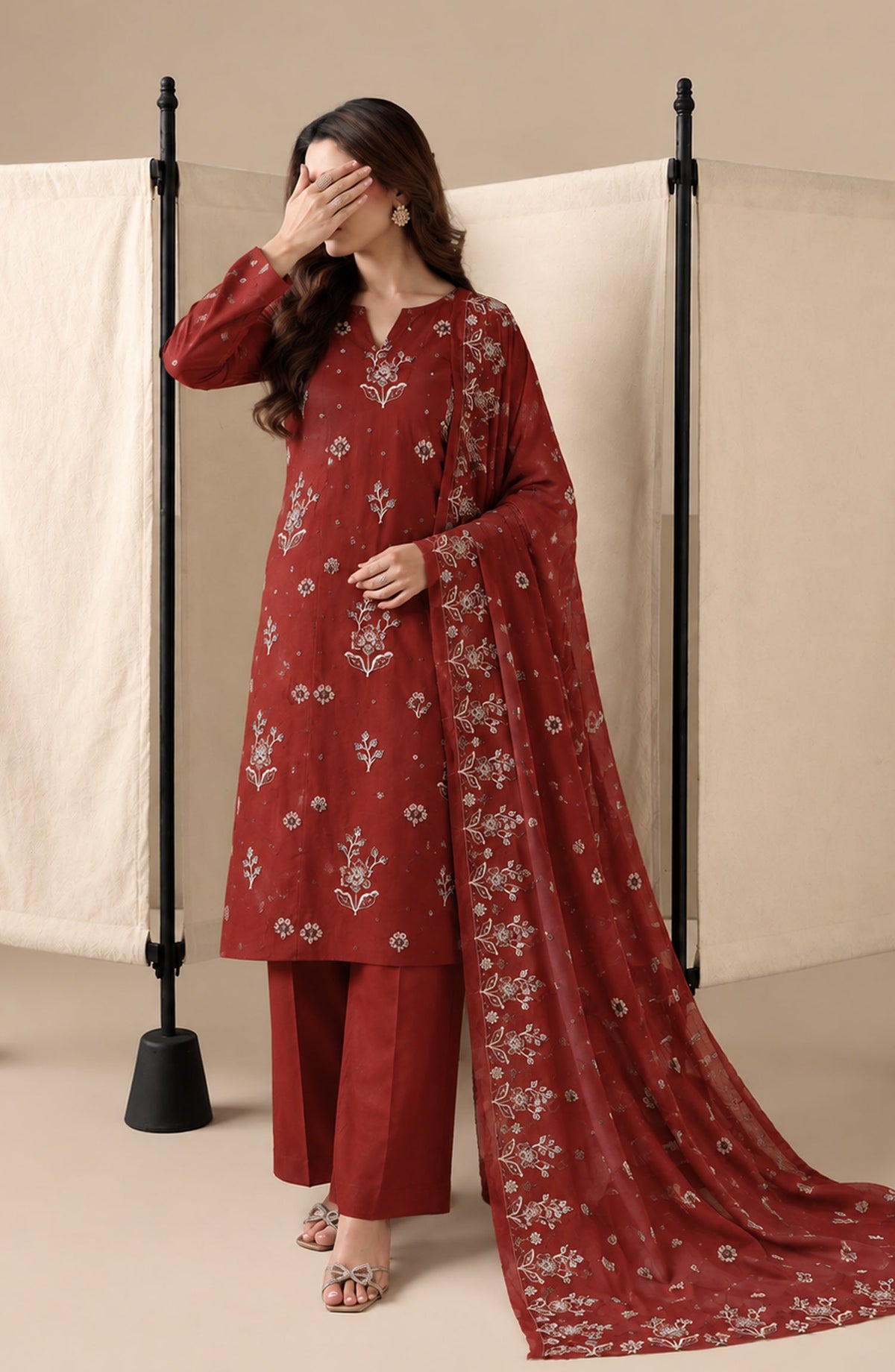 Amna Khadija Embroidered Raw Silk Unstitched 3 Piece Suit - D-04 - AM26RSK - Maroon - Winter Collection