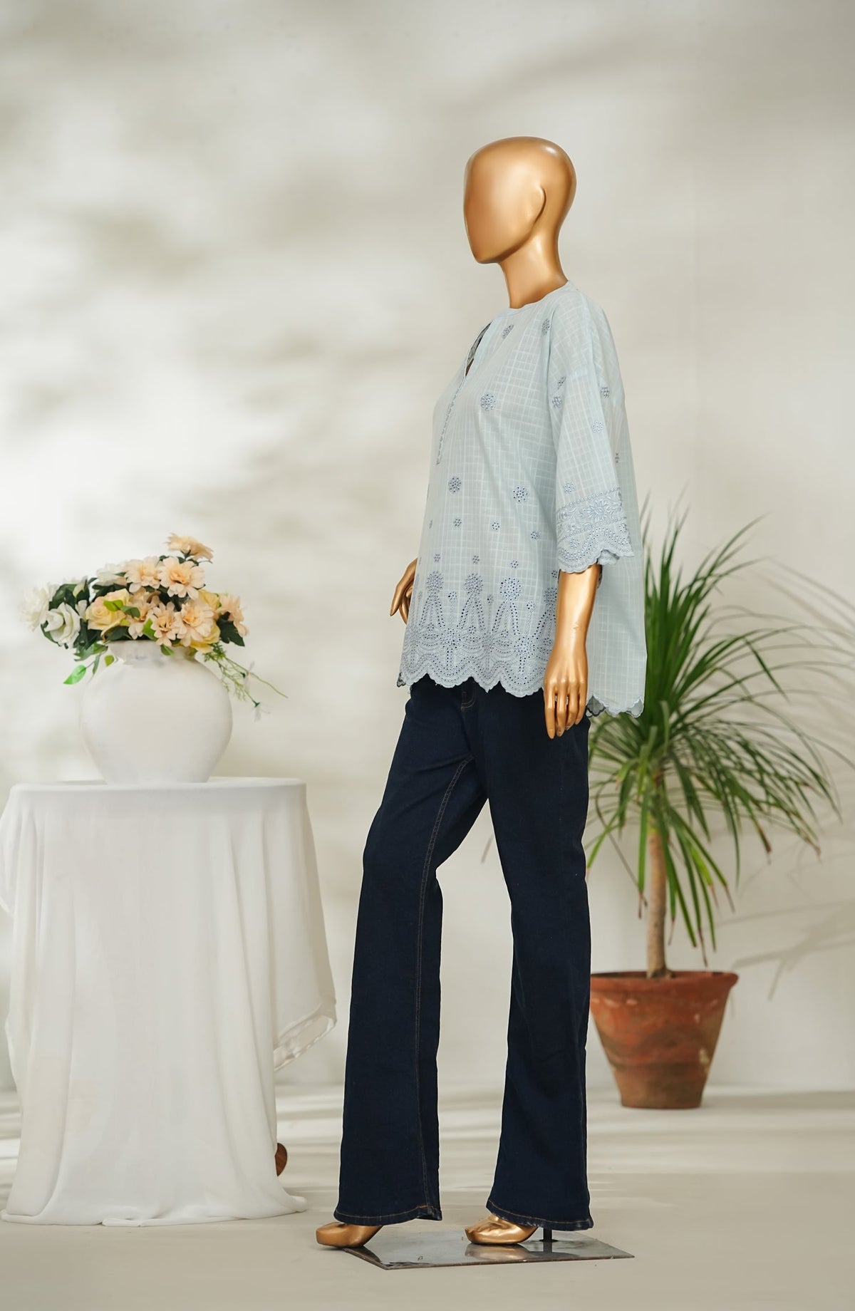 Amna Khadija Urban Fusion Embroidered Dobby Cambric Slub Stitched Western Top - UFWT-17 - AM26UFWT - Blue - Casual Collection