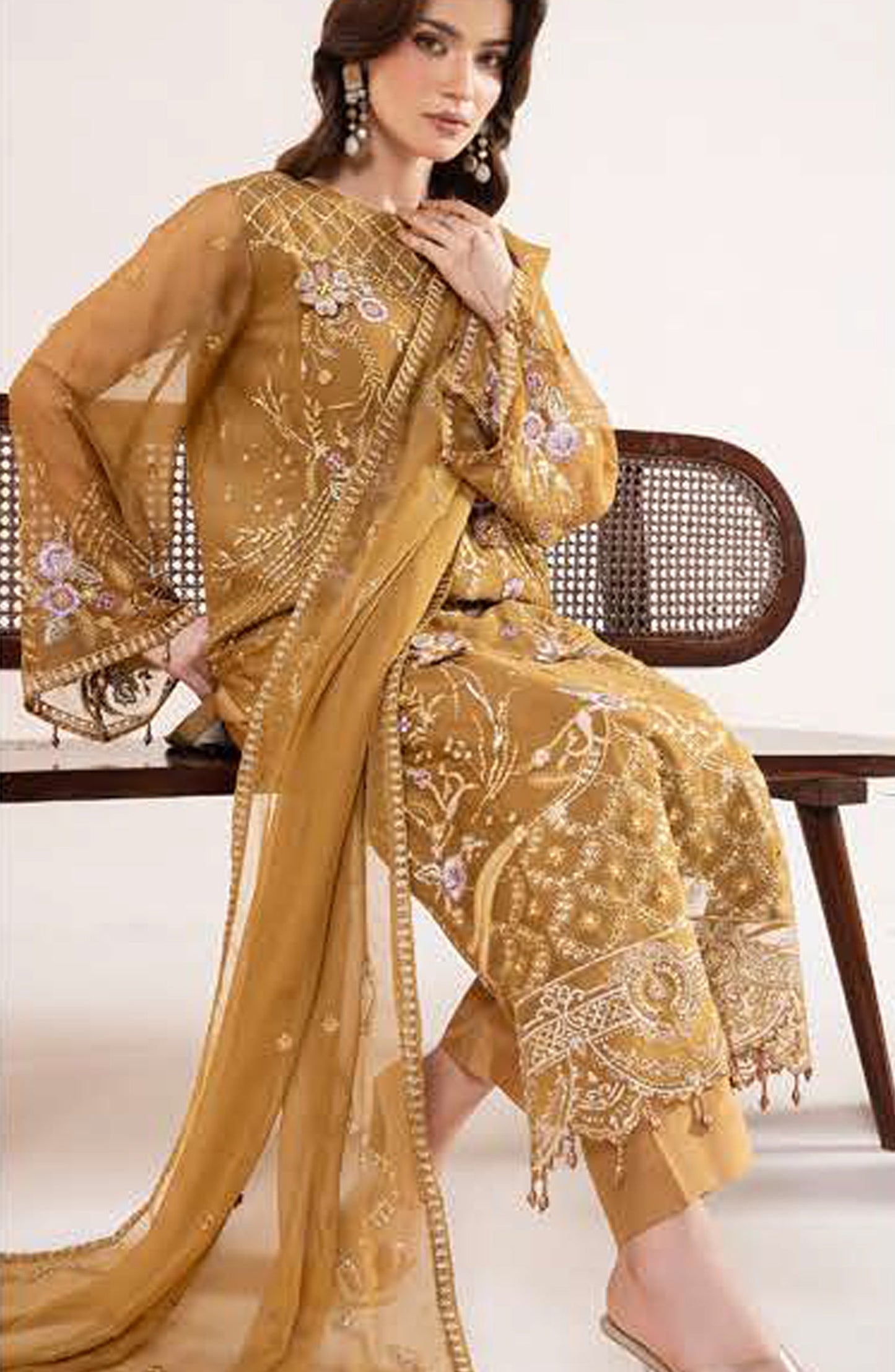 Anaya Noor by Zebtan Embroidered Chiffon Unstitched 3 Piece Suit - AN-02 - ZBT26ANN - Mustard - Festive Collection