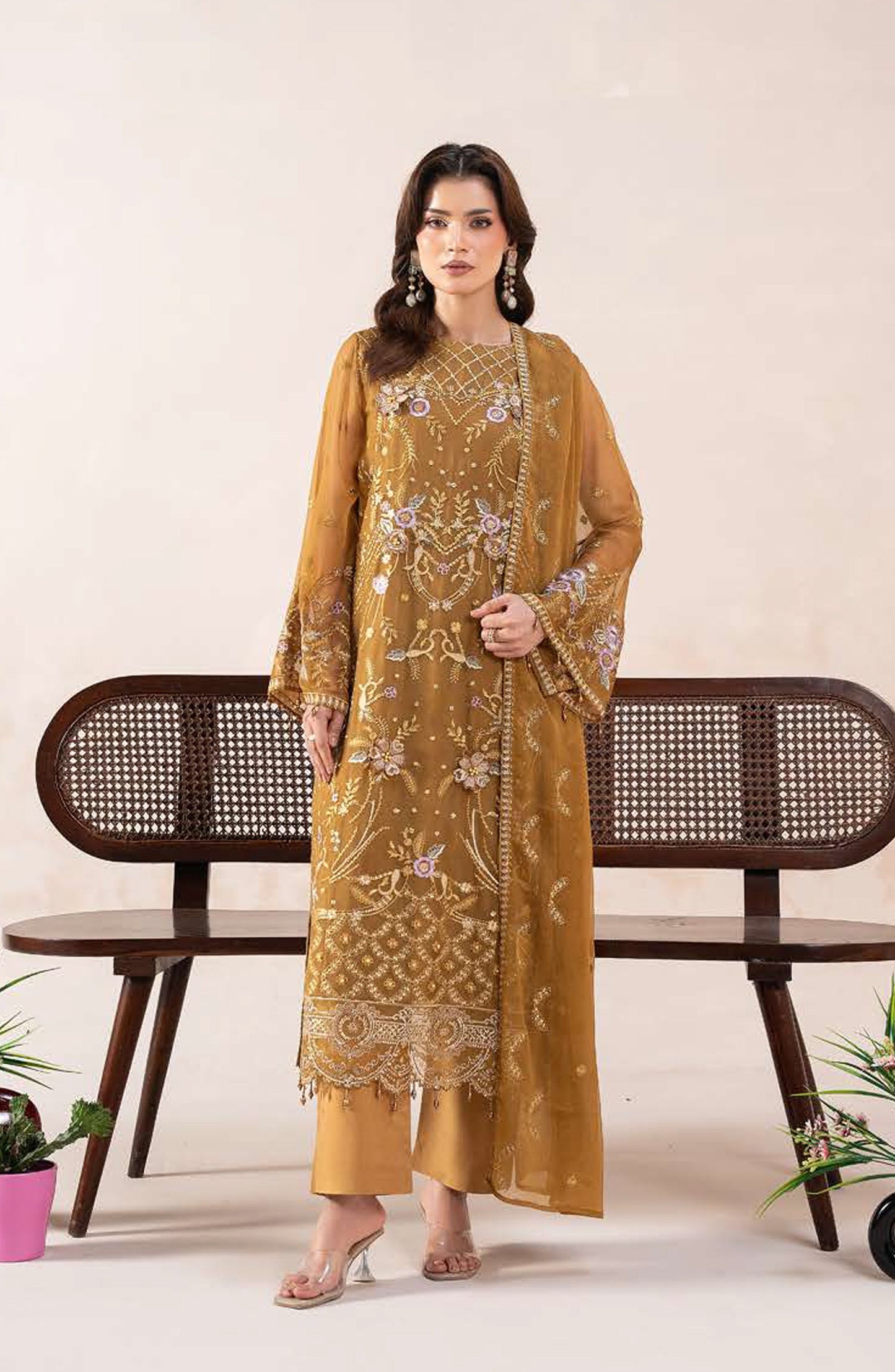 Anaya Noor by Zebtan Embroidered Chiffon Unstitched 3 Piece Suit - AN-02 - ZBT26ANN - Mustard - Festive Collection