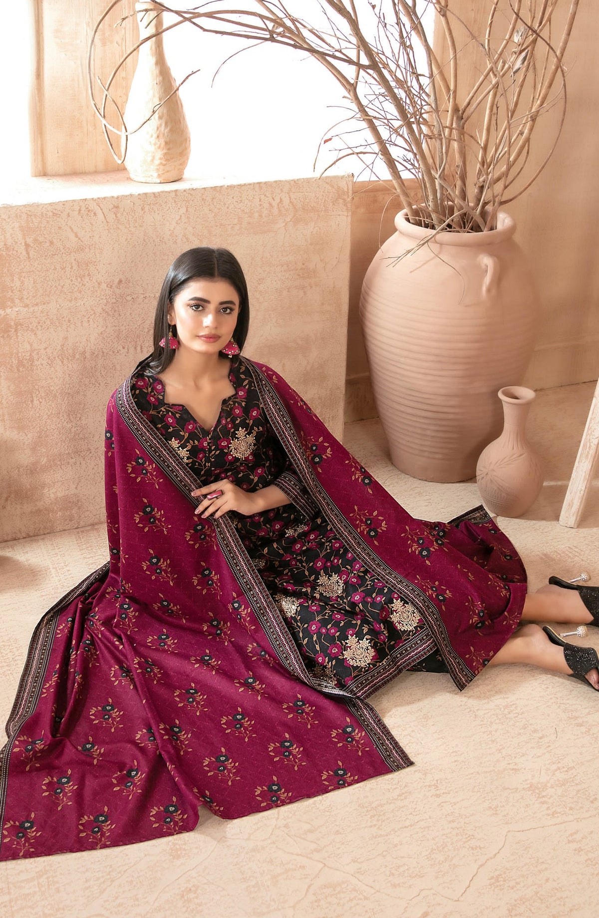 Areeka by Tawakkal Fabrics Embroidered Khaddar Unstitched 3 Piece Suit - D-5294 - TF25AKA - Pink - Winter Collection