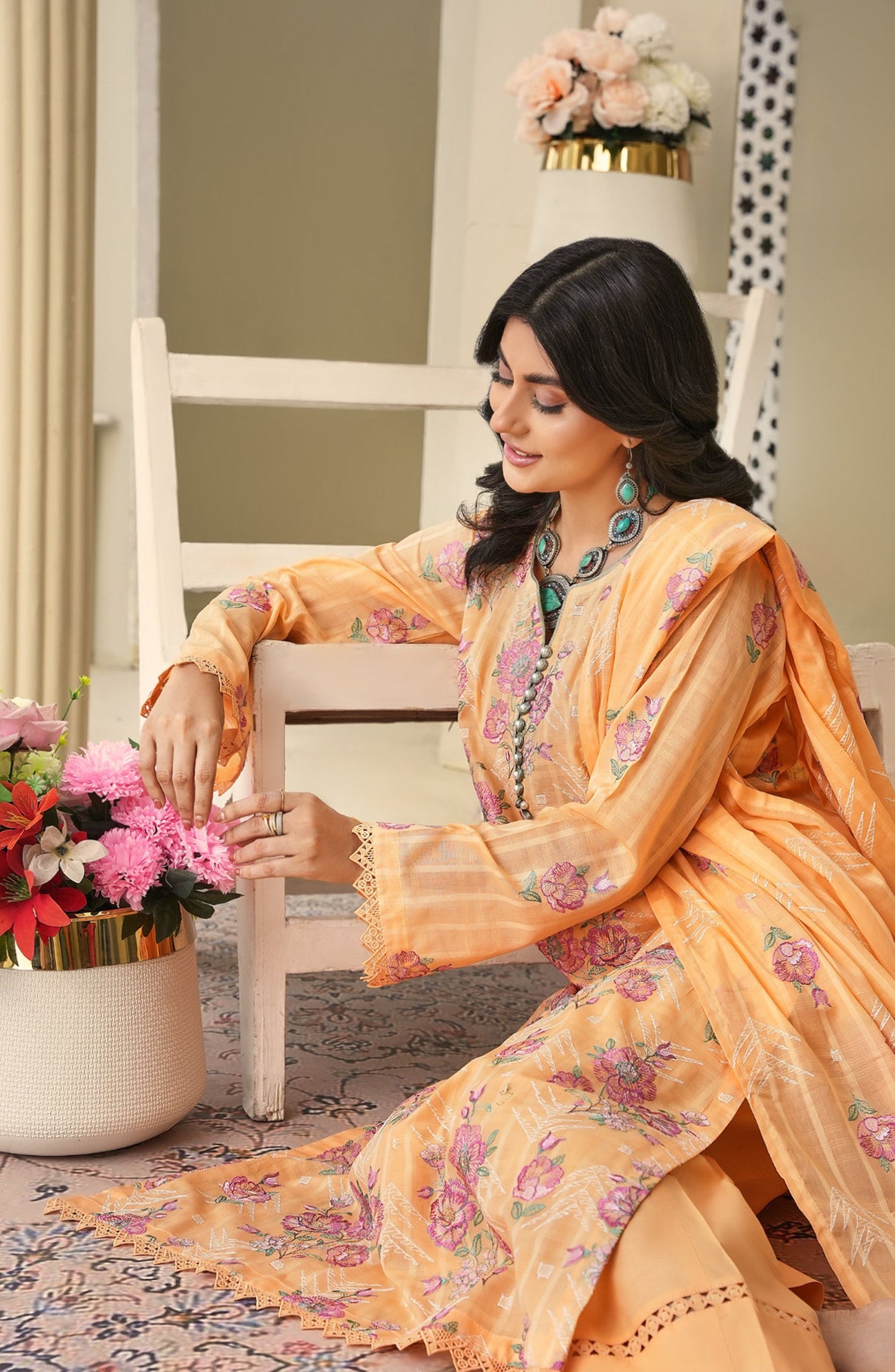 Arzoo by Al Karim Embroidered Lawn Unstitched 3 Piece Suit - Design-01 - AK26ARZ - Orange - Summer Collection