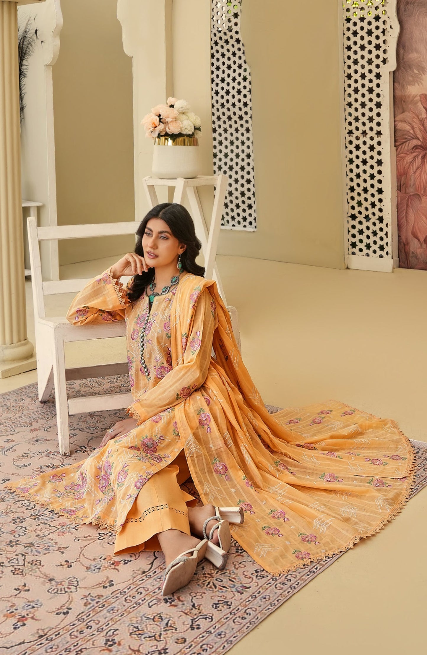 Arzoo by Al Karim Embroidered Lawn Unstitched 3 Piece Suit - Design-01 - AK26ARZ - Orange - Summer Collection
