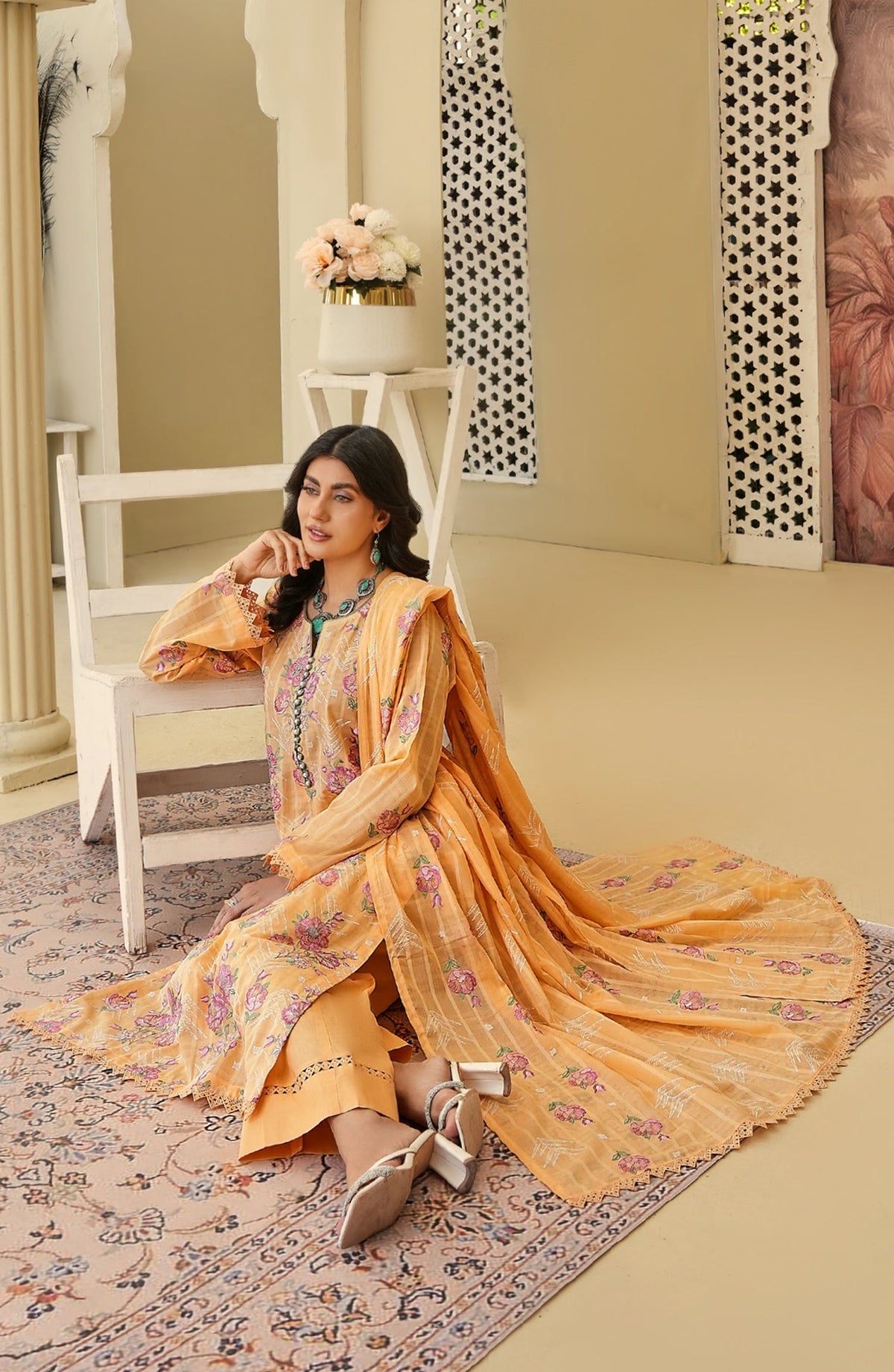 Arzoo by Embroidered Lawn Unstitched 3 Piece Suit - Design-01 - AK26ARZ - Orange - Summer Collection