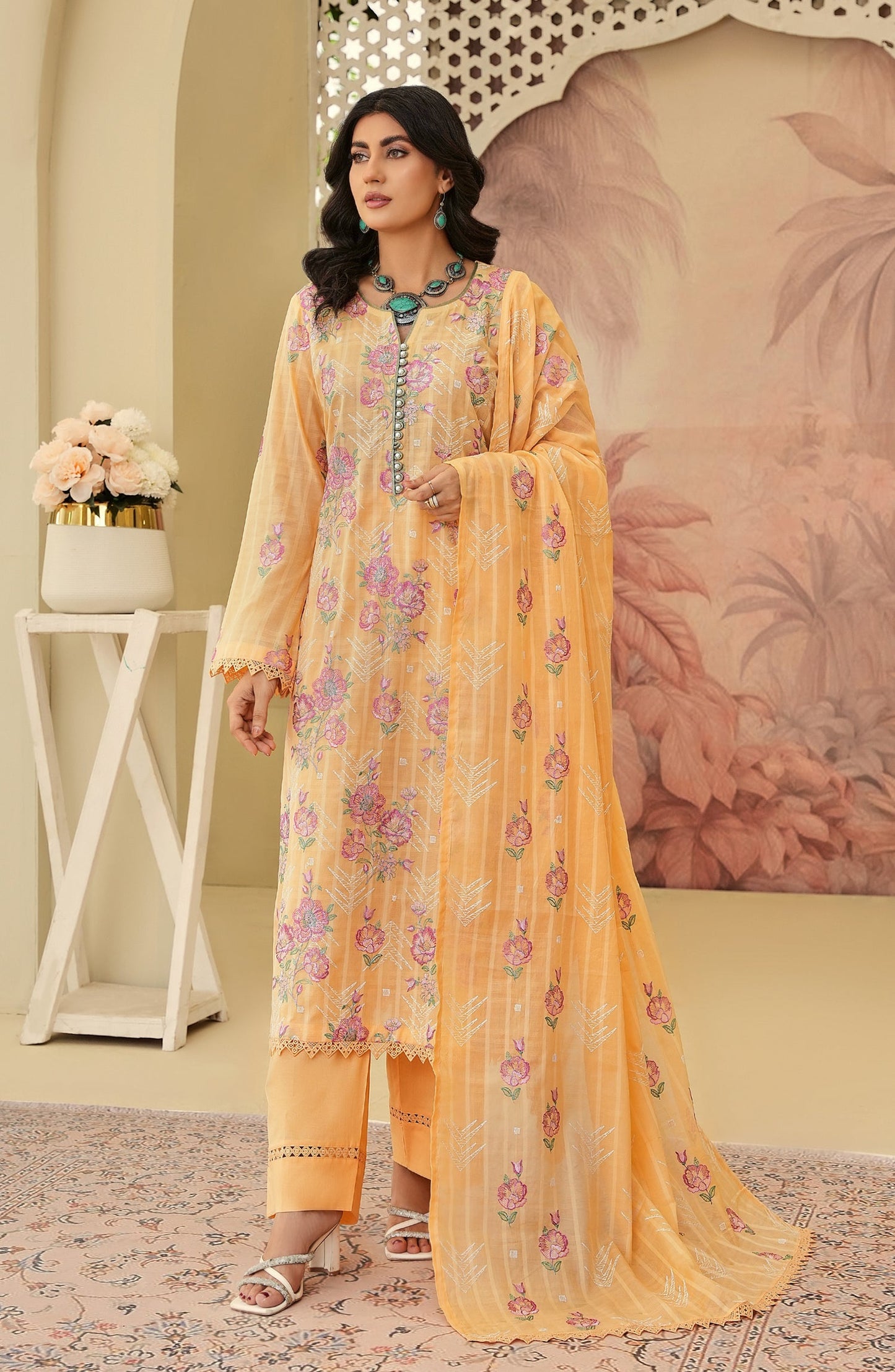 Arzoo by Embroidered Lawn Unstitched 3 Piece Suit - Design-01 - AK26ARZ - Orange - Summer Collection