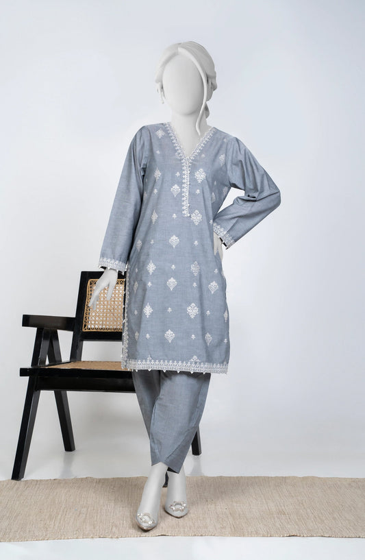 Ayla Embroidered Chambray Stitched 2 Piece Solids - EAE210105B - AY25SW - Grey - Winter Collection