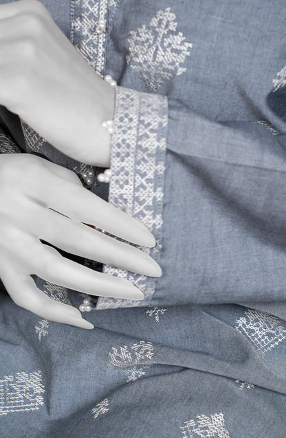 Ayla Embroidered Chambray Stitched 2 Piece Solids - EAE210105B - AY25SW - Grey - Winter Collection