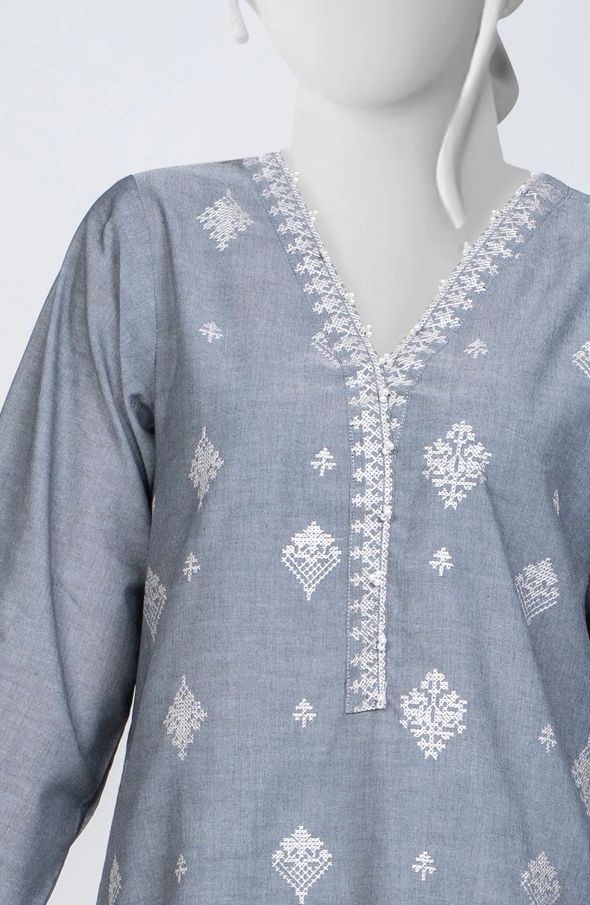 Ayla Embroidered Chambray Stitched 2 Piece Solids - EAE210105B - AY25SW - Grey - Winter Collection