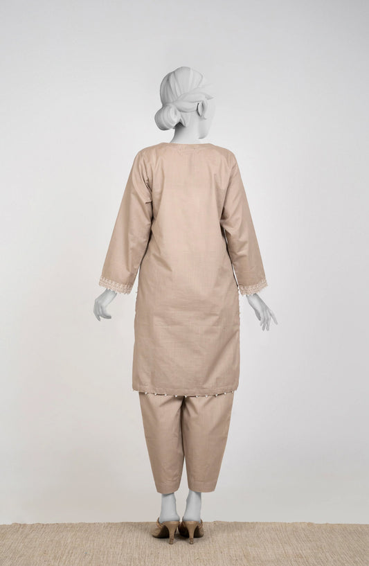 Ayla Embroidered Chambray Stitched 2 Piece Solids - EAE210105C - AY25SW - Mushroom Beige - Winter Collection