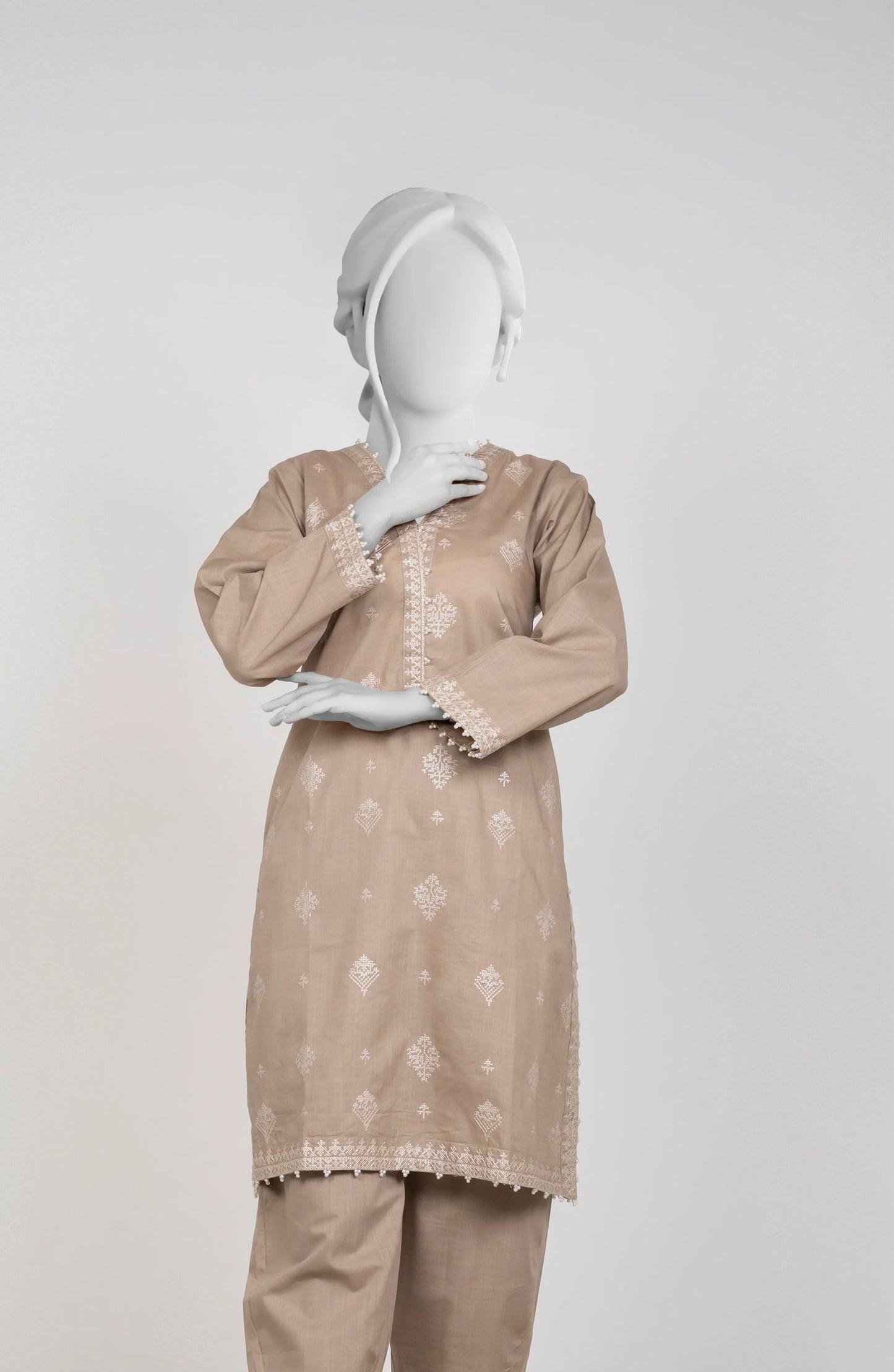 Ayla Embroidered Chambray Stitched 2 Piece Solids - EAE210105C - AY25SW - Mushroom Beige - Winter Collection