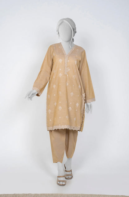 Ayla Embroidered Chambray Stitched 2 Piece Solids - EAE210105D - AY25SW - Beige - Winter Collection