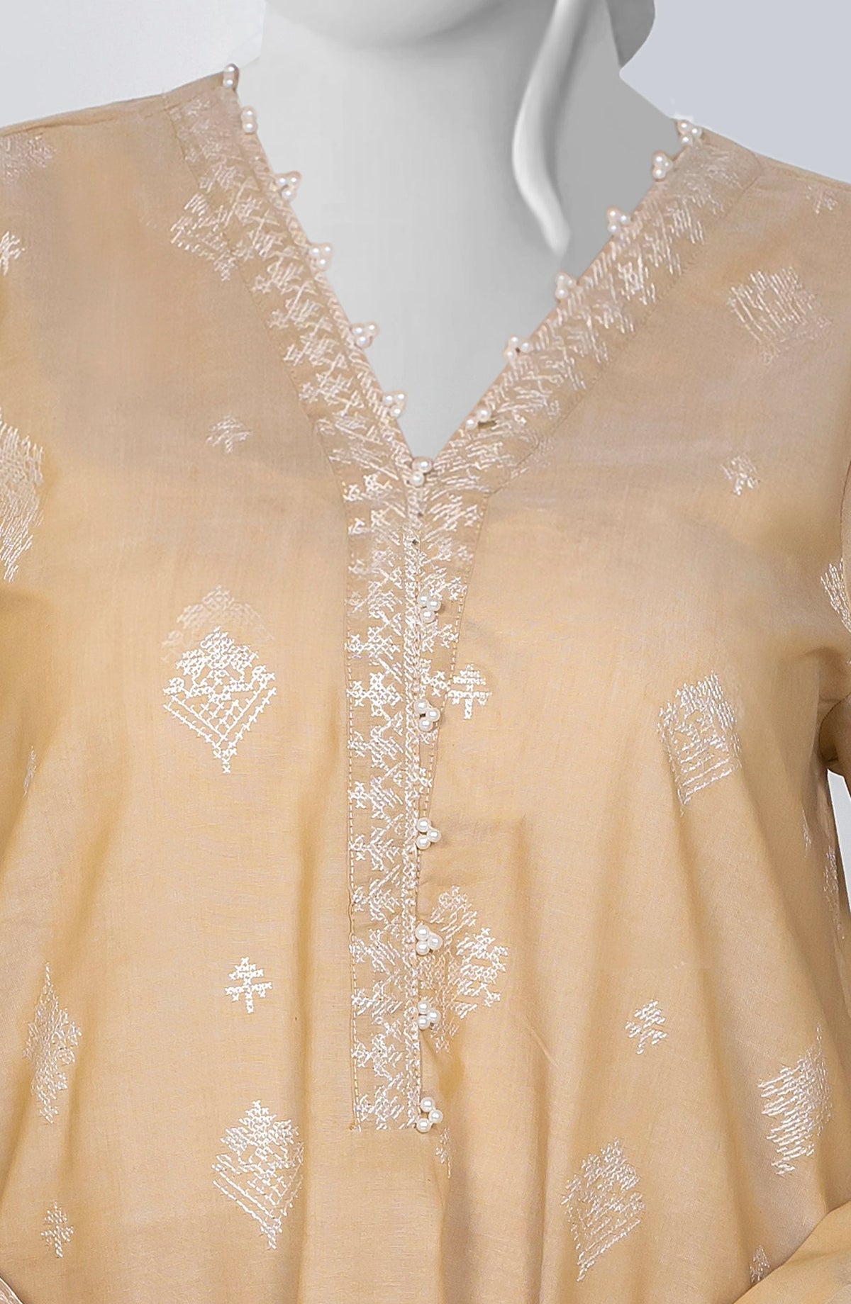 Ayla Embroidered Chambray Stitched 2 Piece Solids - EAE210105D - AY25SW - Beige - Winter Collection
