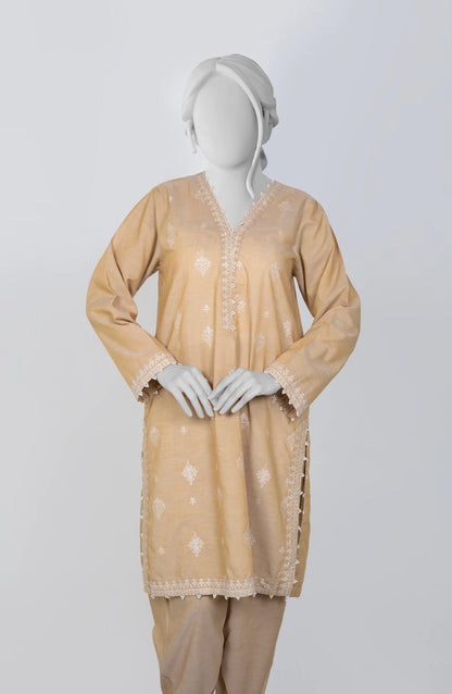 Ayla Embroidered Chambray Stitched 2 Piece Solids - EAE210105D - AY25SW - Beige - Winter Collection