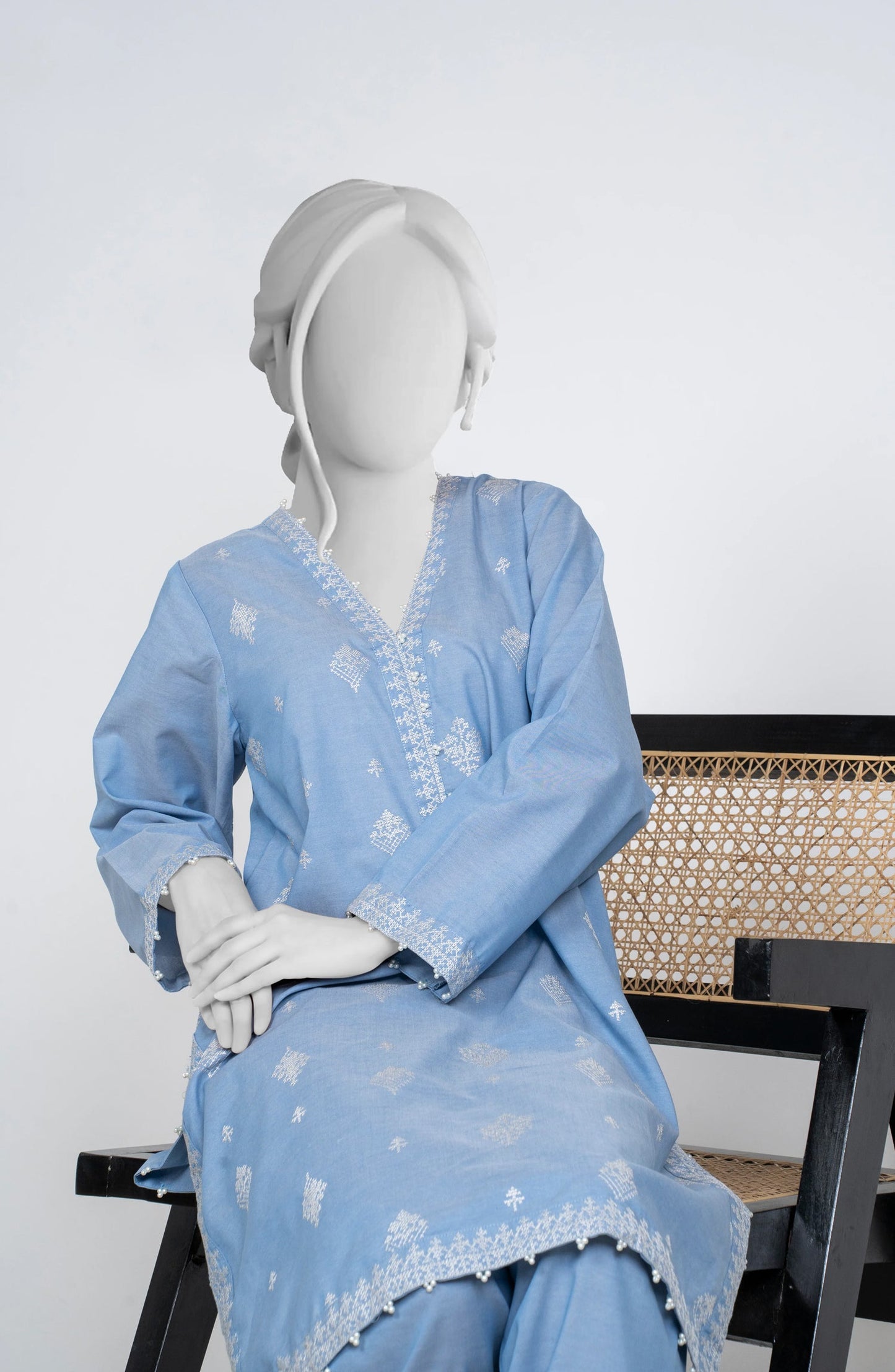 Ayla Embroidered Chambray Stitched 2 Piece Solids - EAE210105E - AY25SW - Sky Blue - Winter Collection