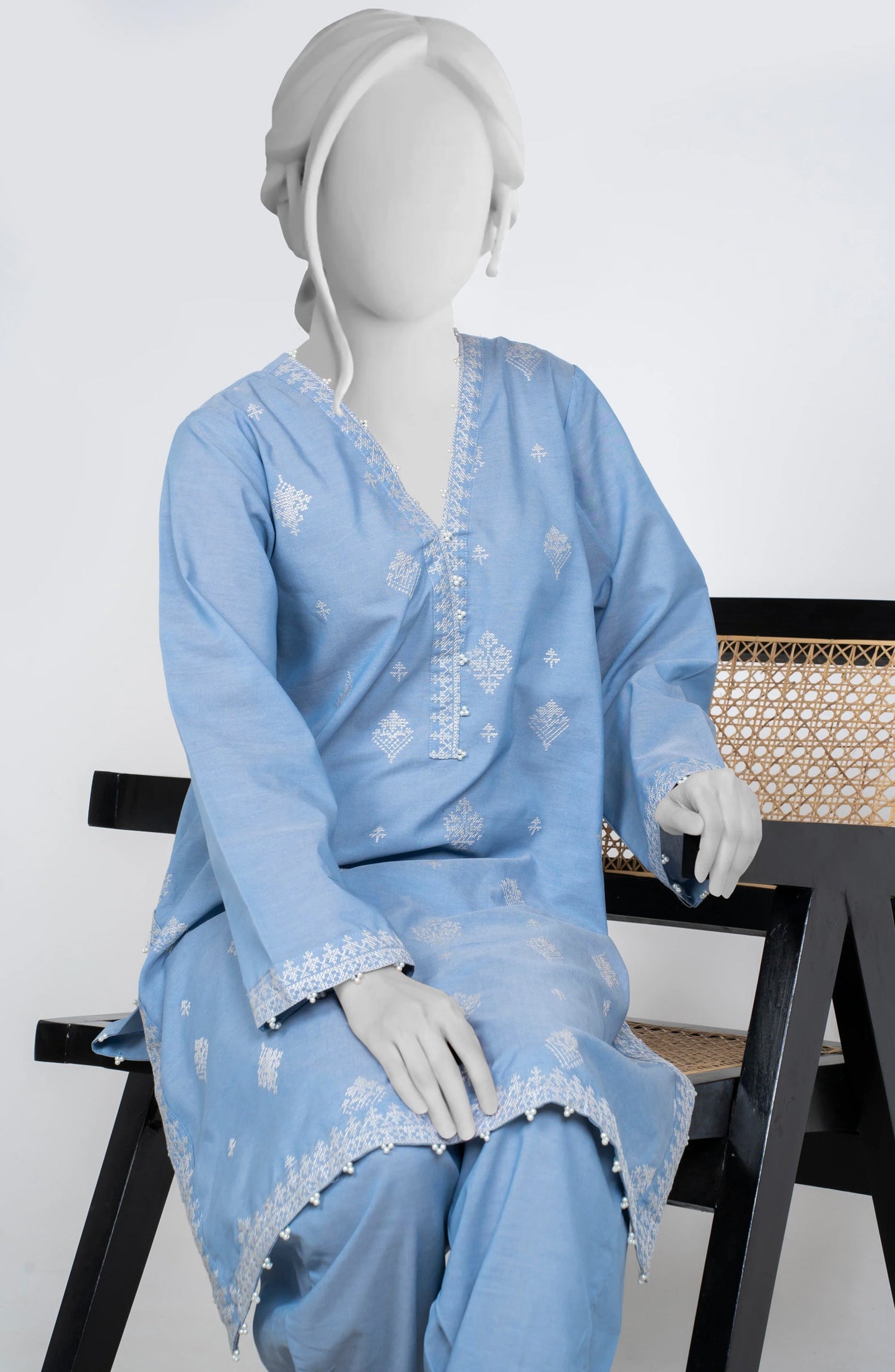 Ayla Embroidered Chambray Stitched 2 Piece Solids - EAE210105E - AY25SW - Sky Blue - Winter Collection