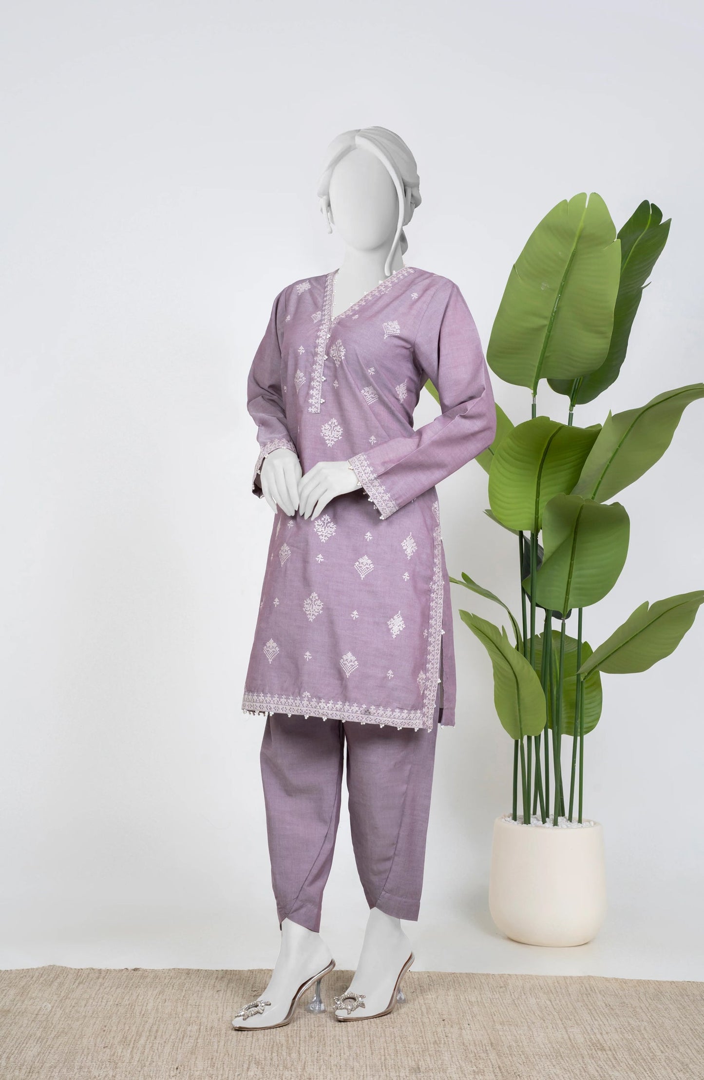 Ayla Embroidered Chambray Stitched 2 Piece Solids - EAE210105F - AY25SW - Lilac - Winter Collection