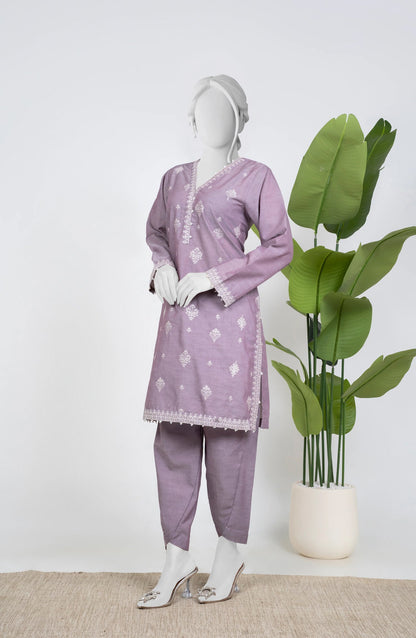 Ayla Embroidered Chambray Stitched 2 Piece Solids - EAE210105F - AY25SW - Lilac - Winter Collection