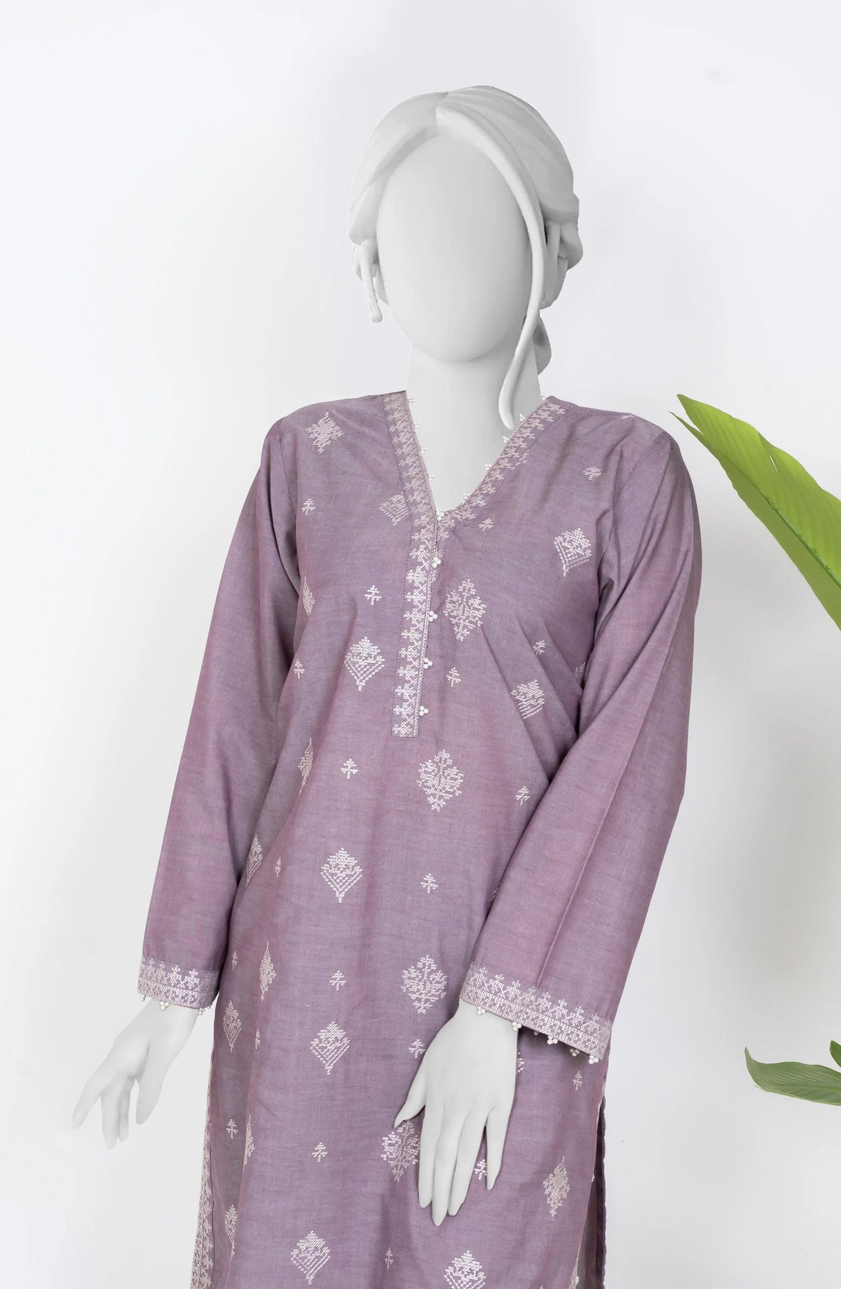 Ayla Embroidered Chambray Stitched 2 Piece Solids - EAE210105F - AY25SW - Lilac - Winter Collection