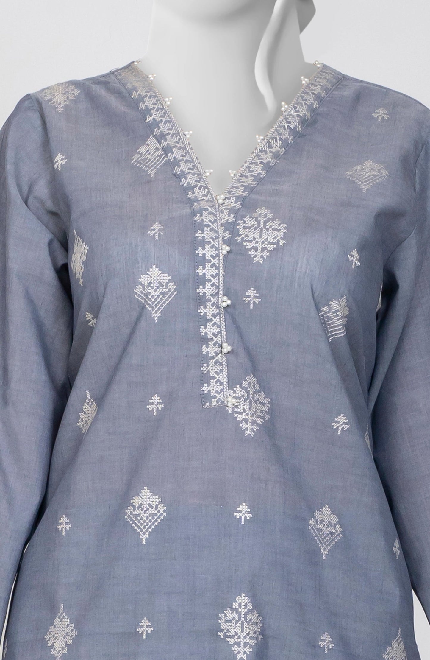 Ayla Embroidered Chambray Stitched 2 Piece Solids - EAE210105G - AY25SW - Charcoal - Winter Collection