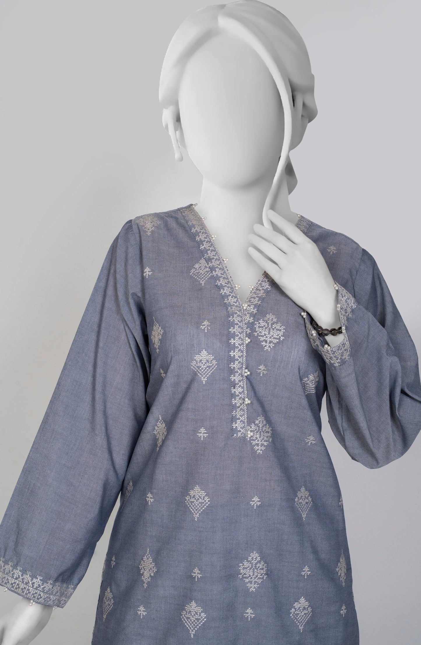 Ayla Embroidered Chambray Stitched 2 Piece Solids - EAE210105G - AY25SW - Charcoal - Winter Collection