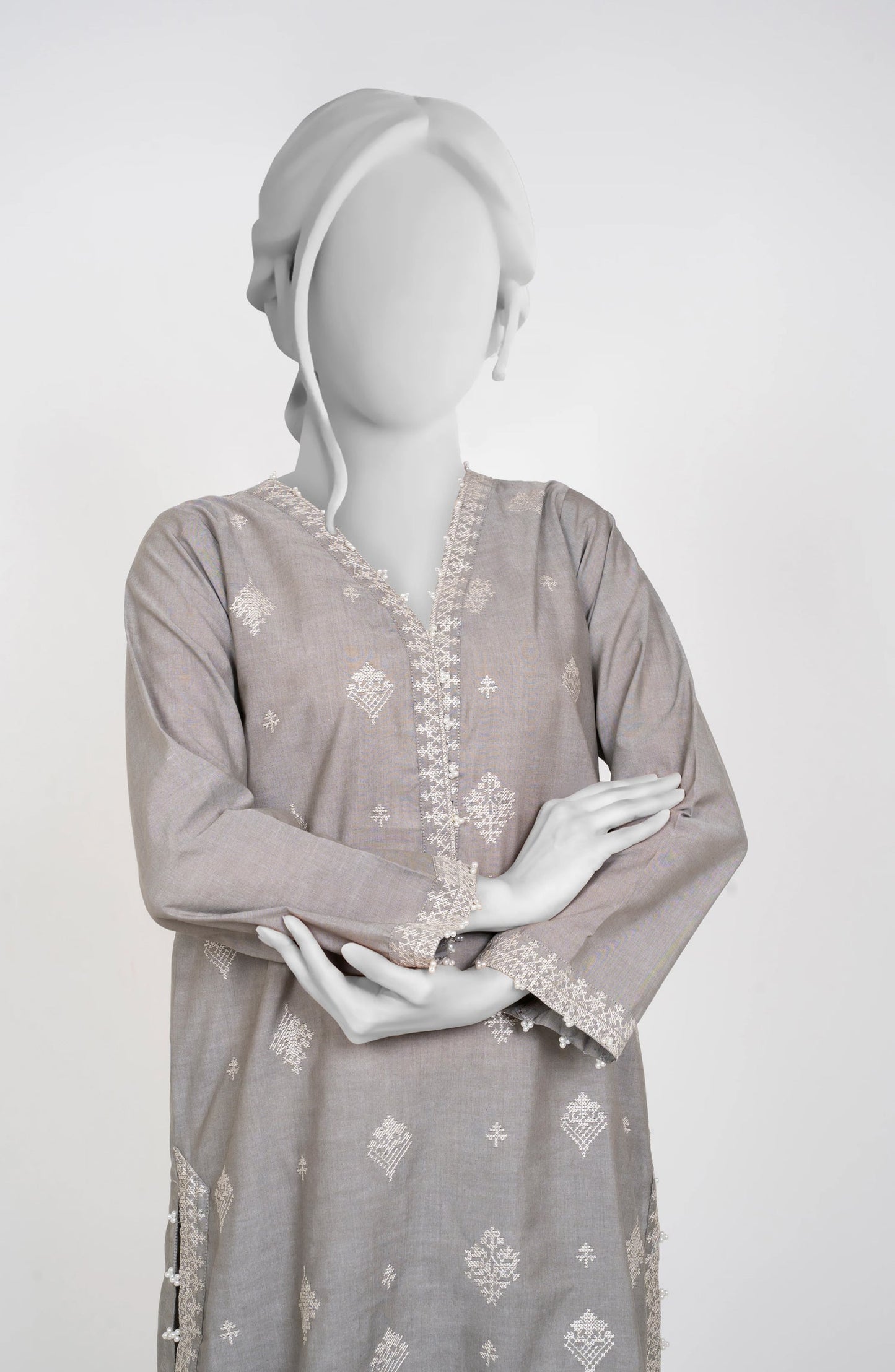 Ayla Embroidered Chambray Stitched 2 Piece Solids - EAE210105H - AY25SW - Silver Grey - Winter Collection